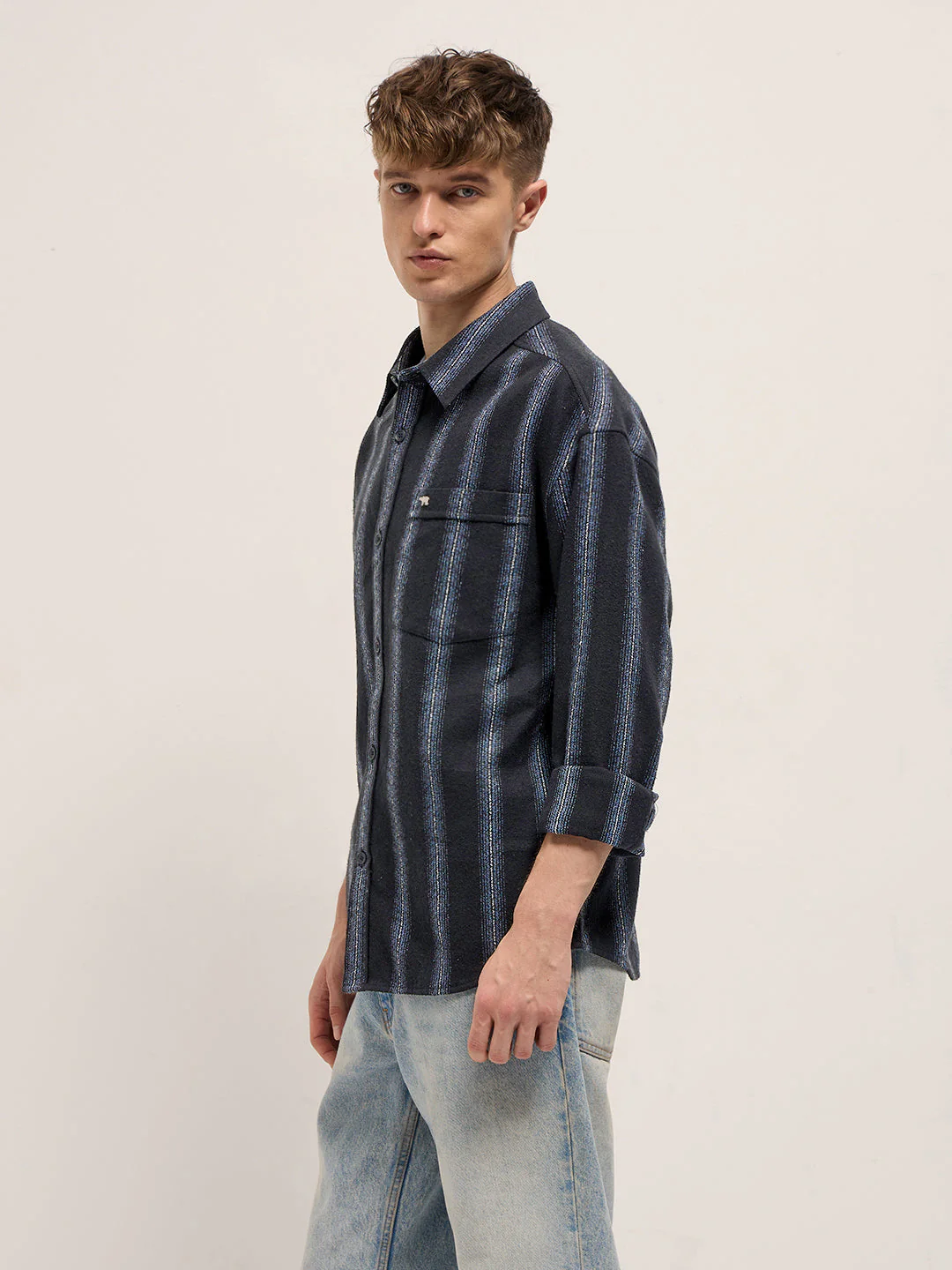 Men Black Flannel Striped Woven Relaxed Fit Overshirt - Image 3