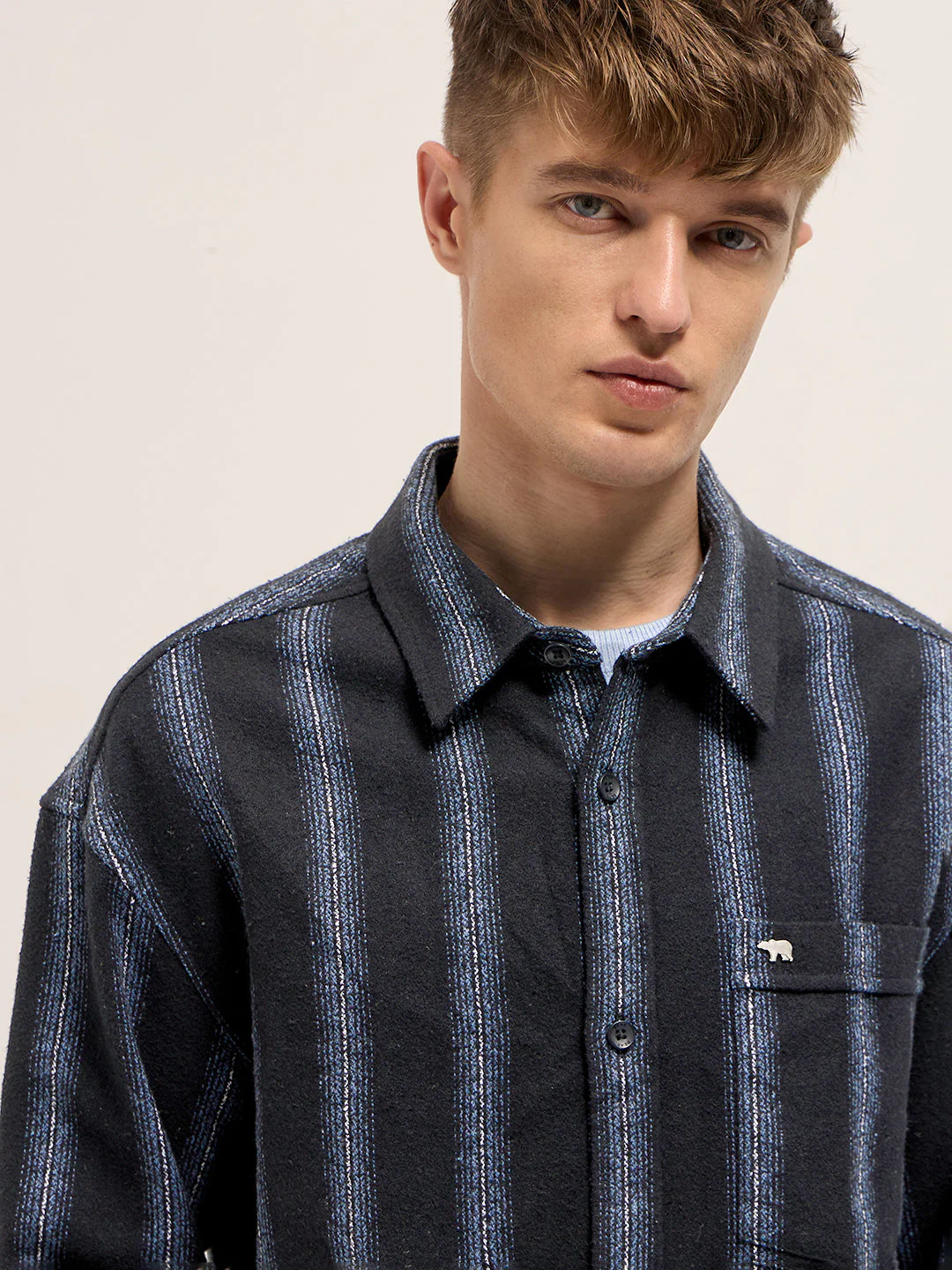 Men Black Flannel Striped Woven Relaxed Fit Overshirt - Image 5