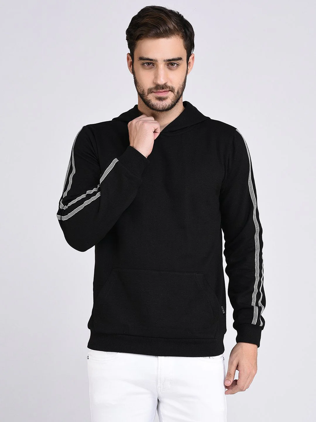 Men Black Fleece With Stripe Tape Patch On Sleeve Hooded SweaT-Shirt - Image 2