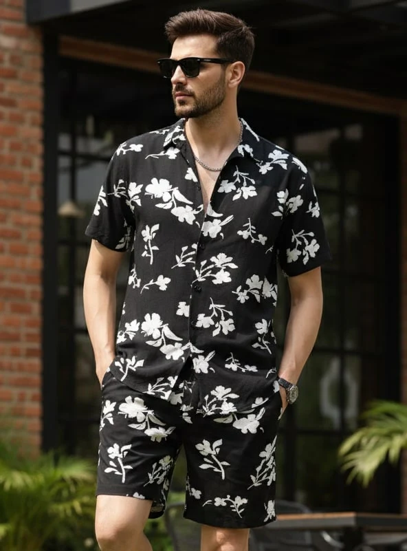 Men Black Floral Co-Ords - Image 2