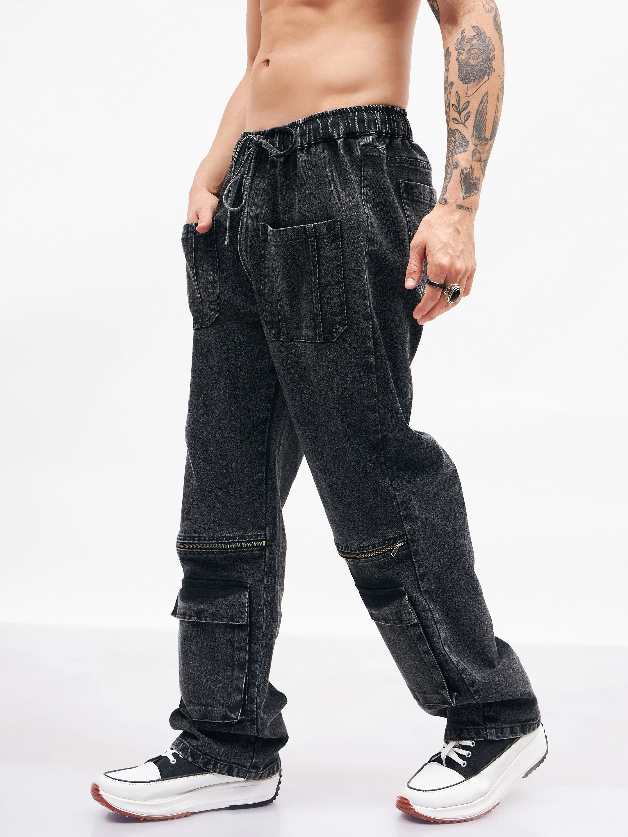 Men Black Front Zipper Baggy Fit Jeans - Image 4