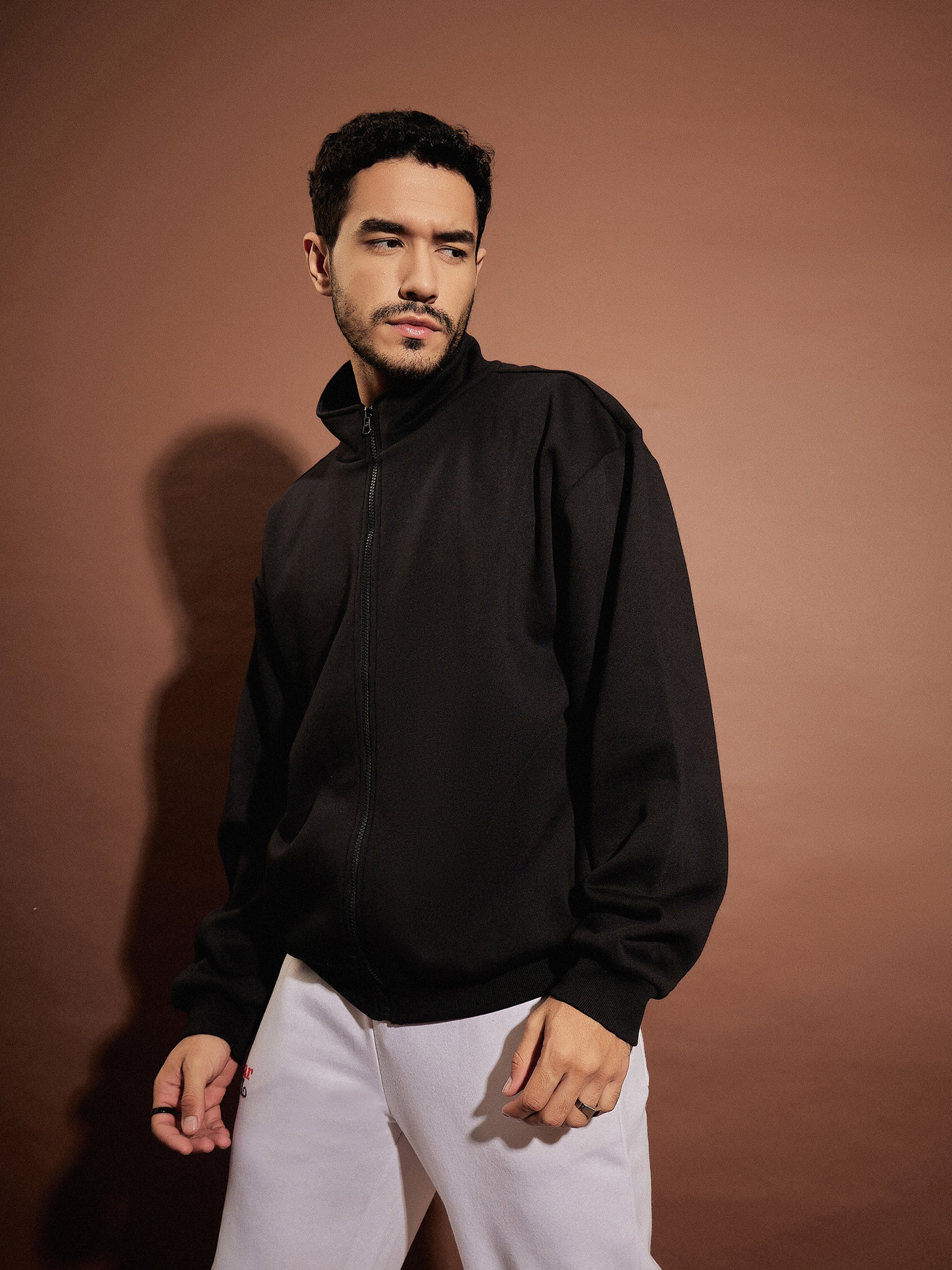 Men Black Front Zipper Oversized Sweatshirt - Image 3