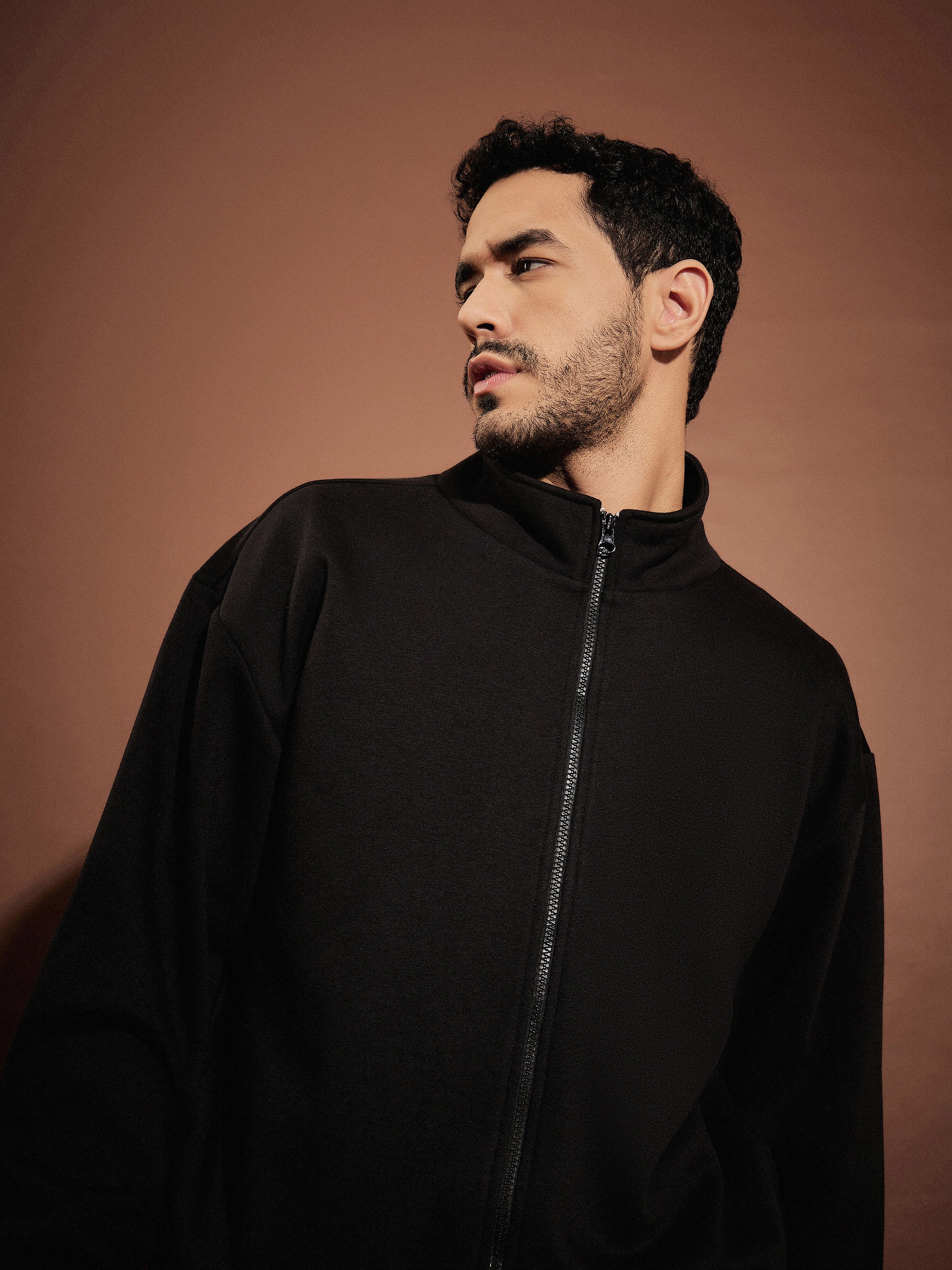 Men Black Front Zipper Oversized Sweatshirt - Image 4