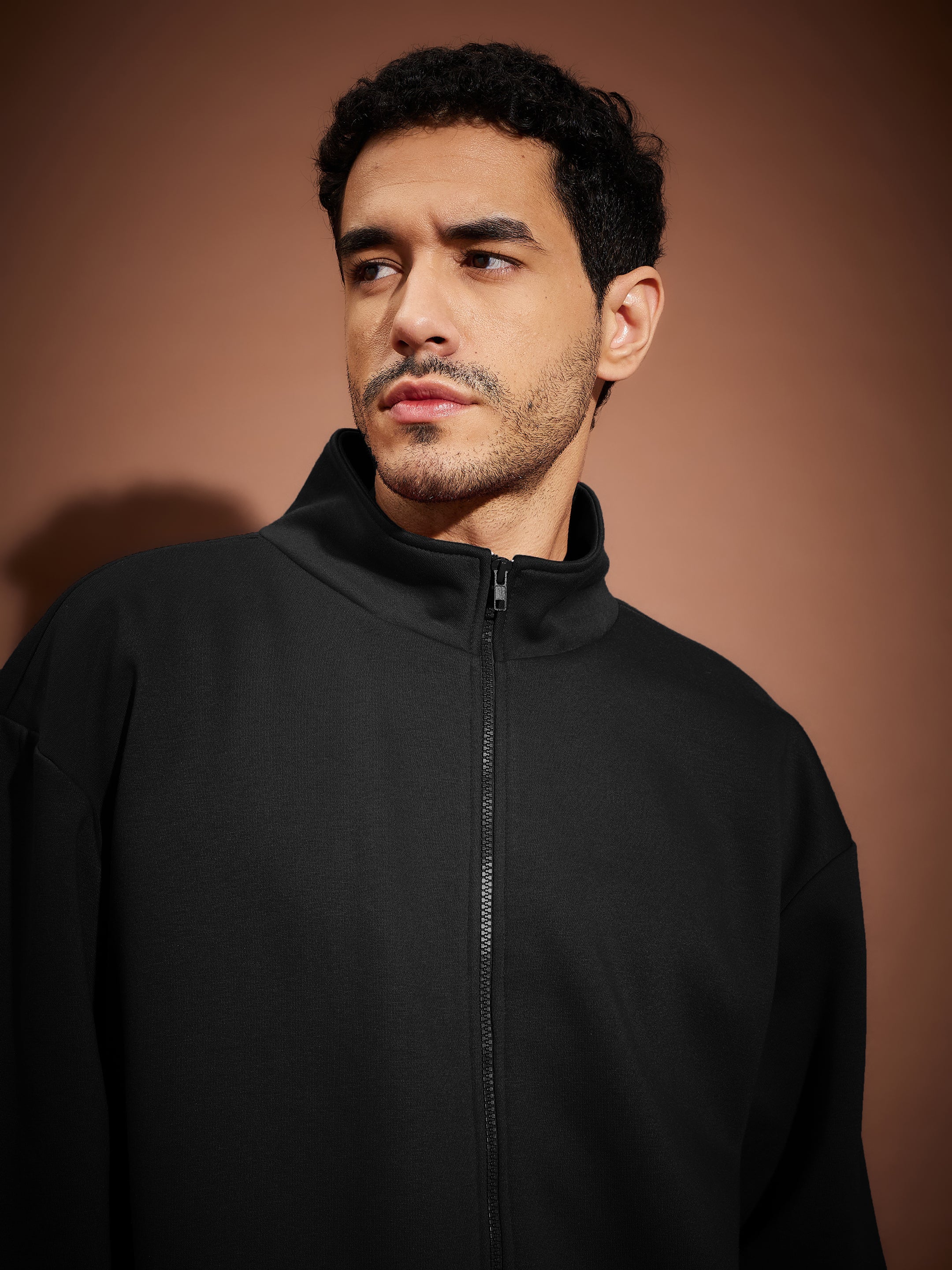 Men Black Front Zipper Oversized Sweatshirt With Joggers - Image 5