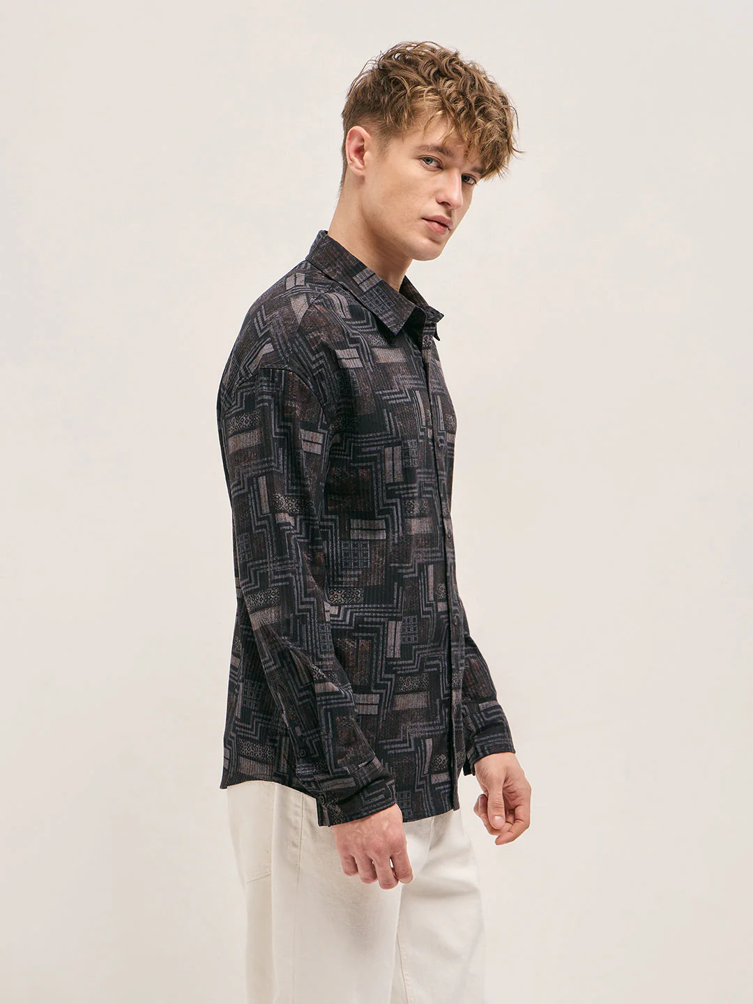 Men Black Geometric Printed Relax Fit Casual Overshirt - Image 3