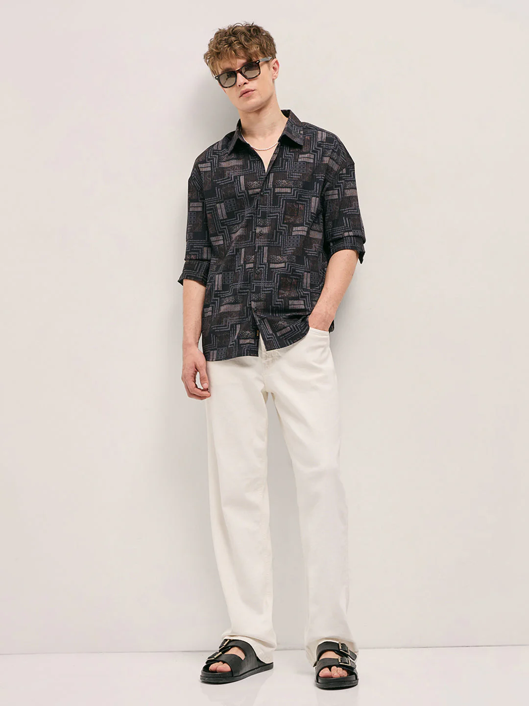 Men Black Geometric Printed Relax Fit Casual Overshirt - Image 4