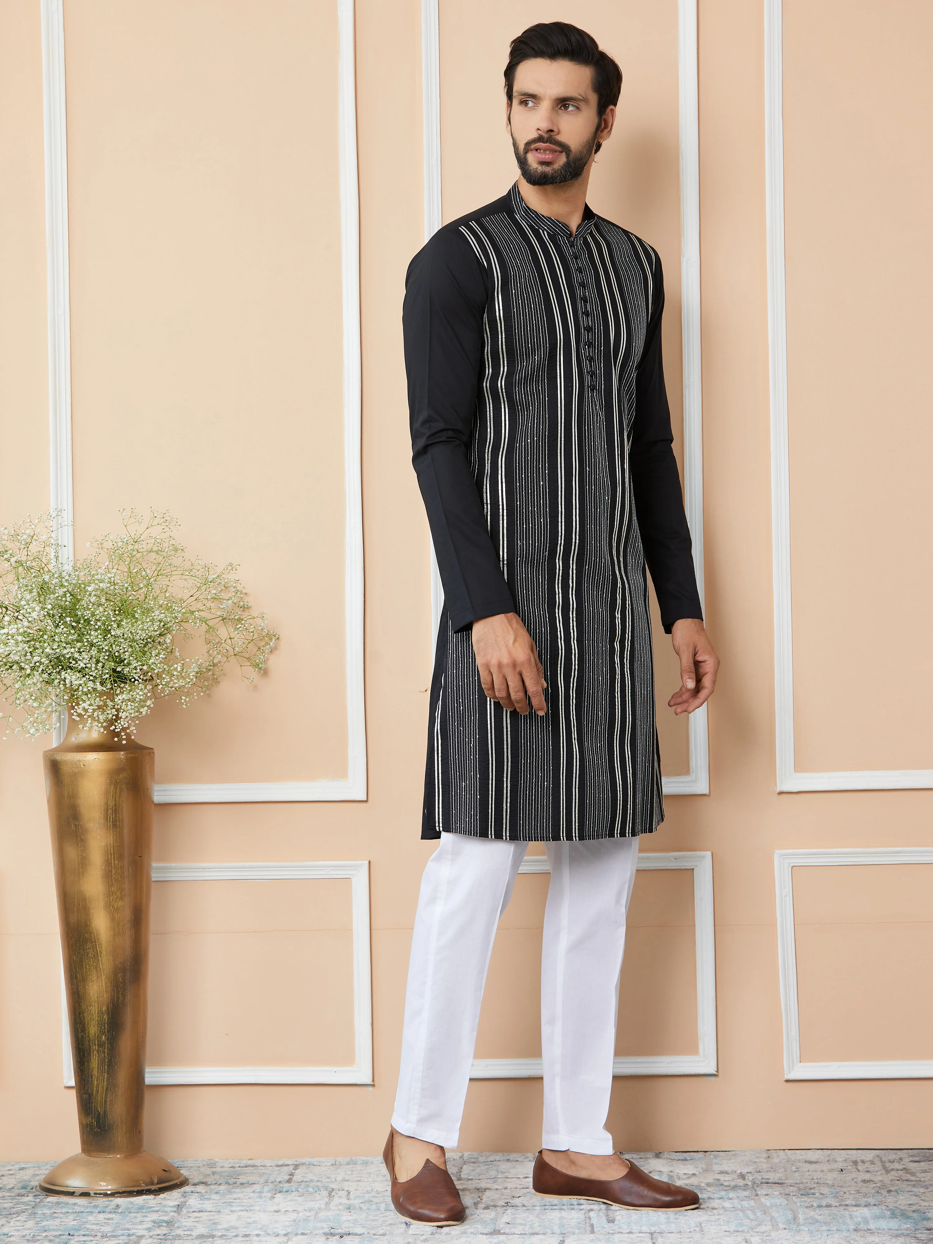 Men Black Gota Strips And Sequins Embroidered Pure Cotton Straight Kurta - Image 2