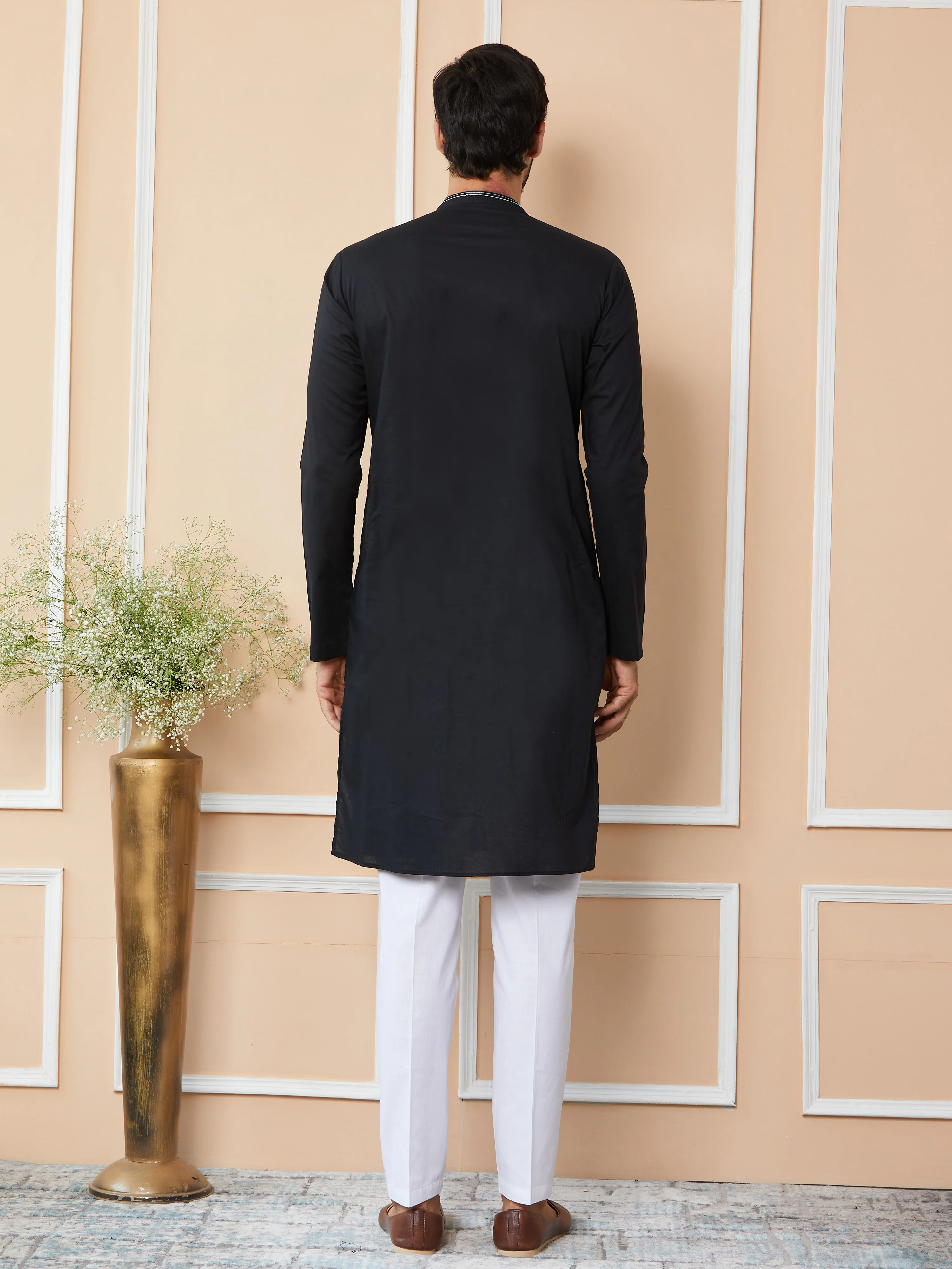 Men Black Gota Strips And Sequins Embroidered Pure Cotton Straight Kurta - Image 3