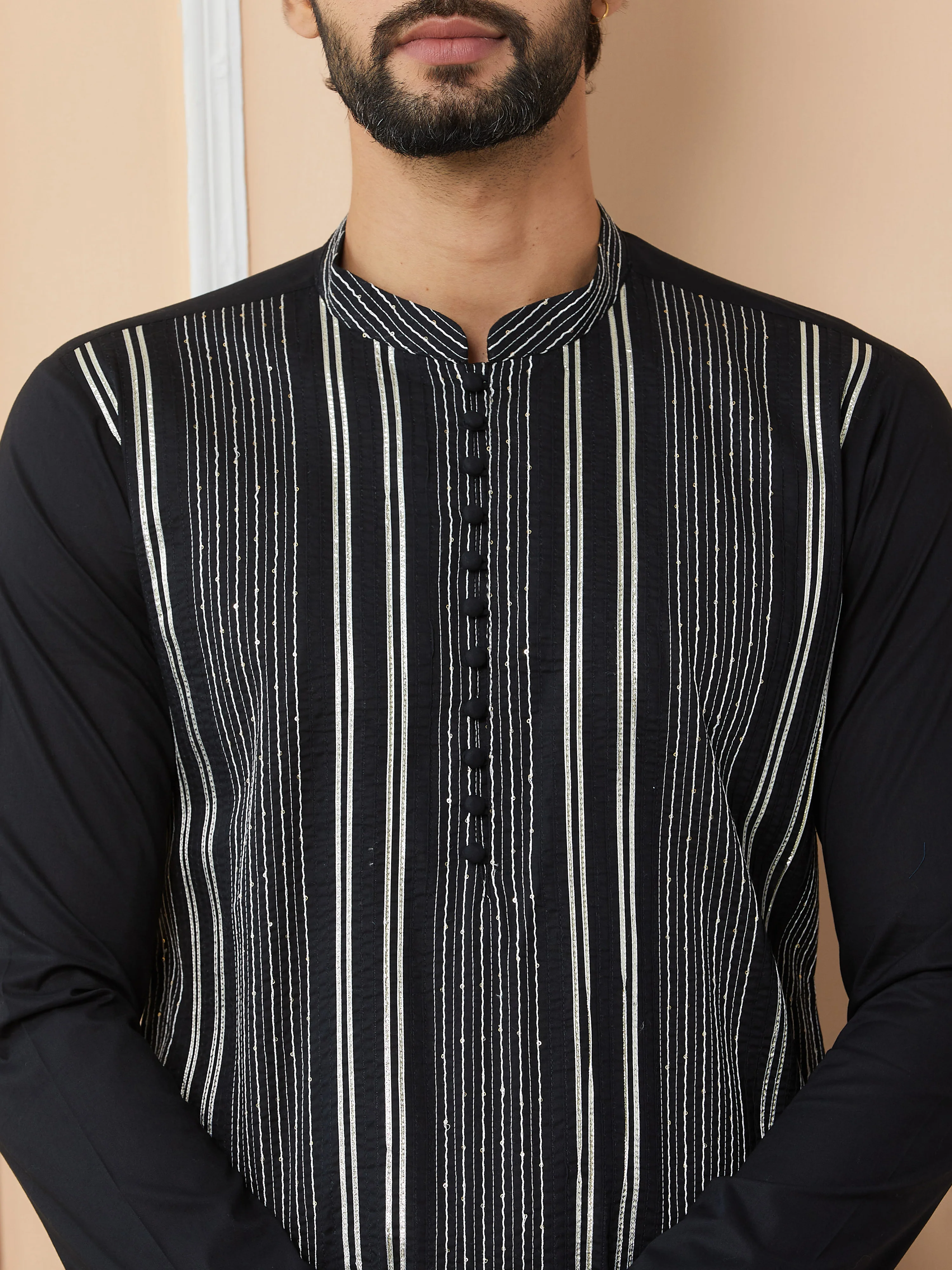 Men Black Gota Strips And Sequins Embroidered Pure Cotton Straight Kurta - Image 4