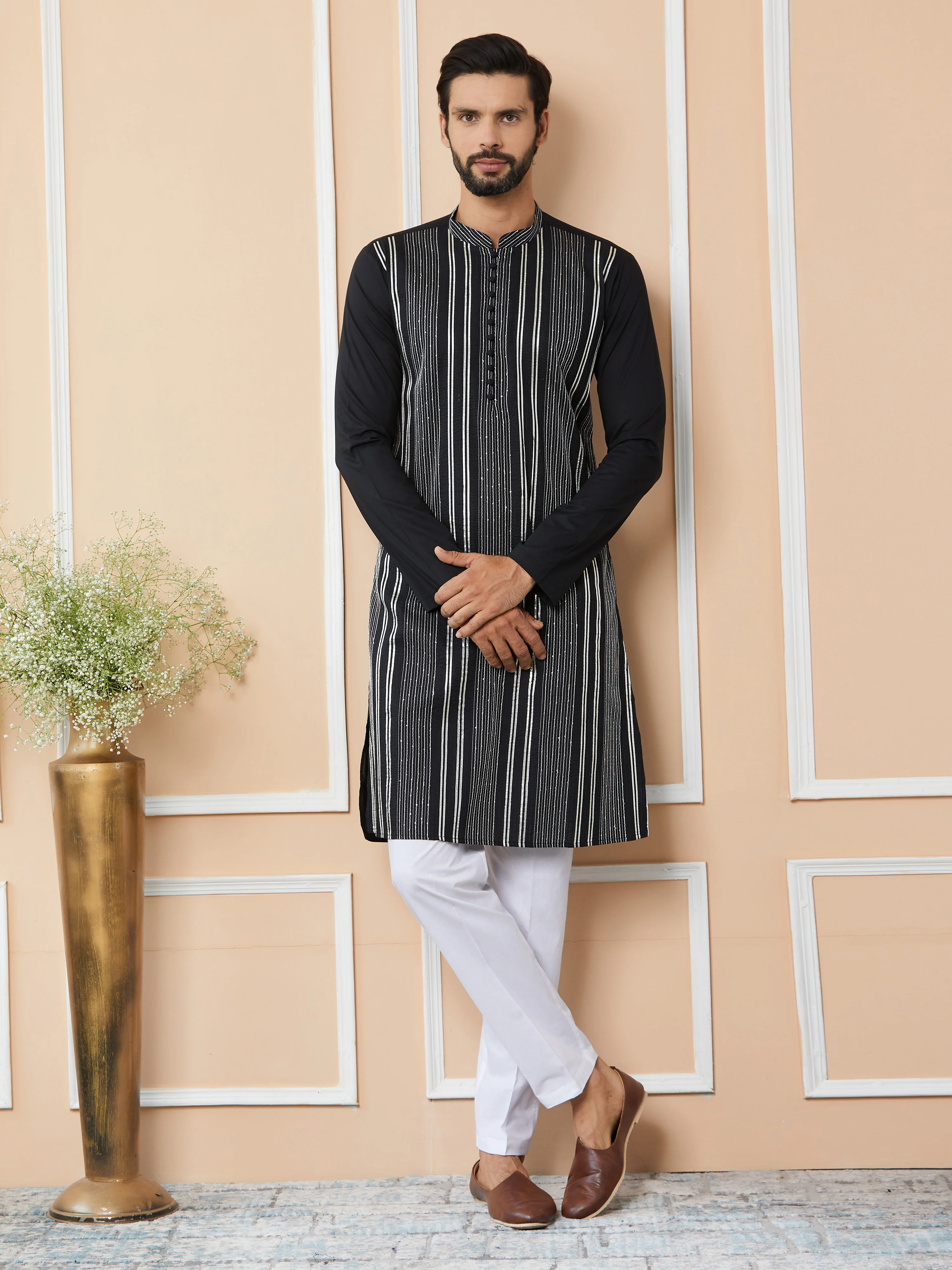Men Black Gota Strips And Sequins Embroidered Pure Cotton Straight Kurta - Image 5