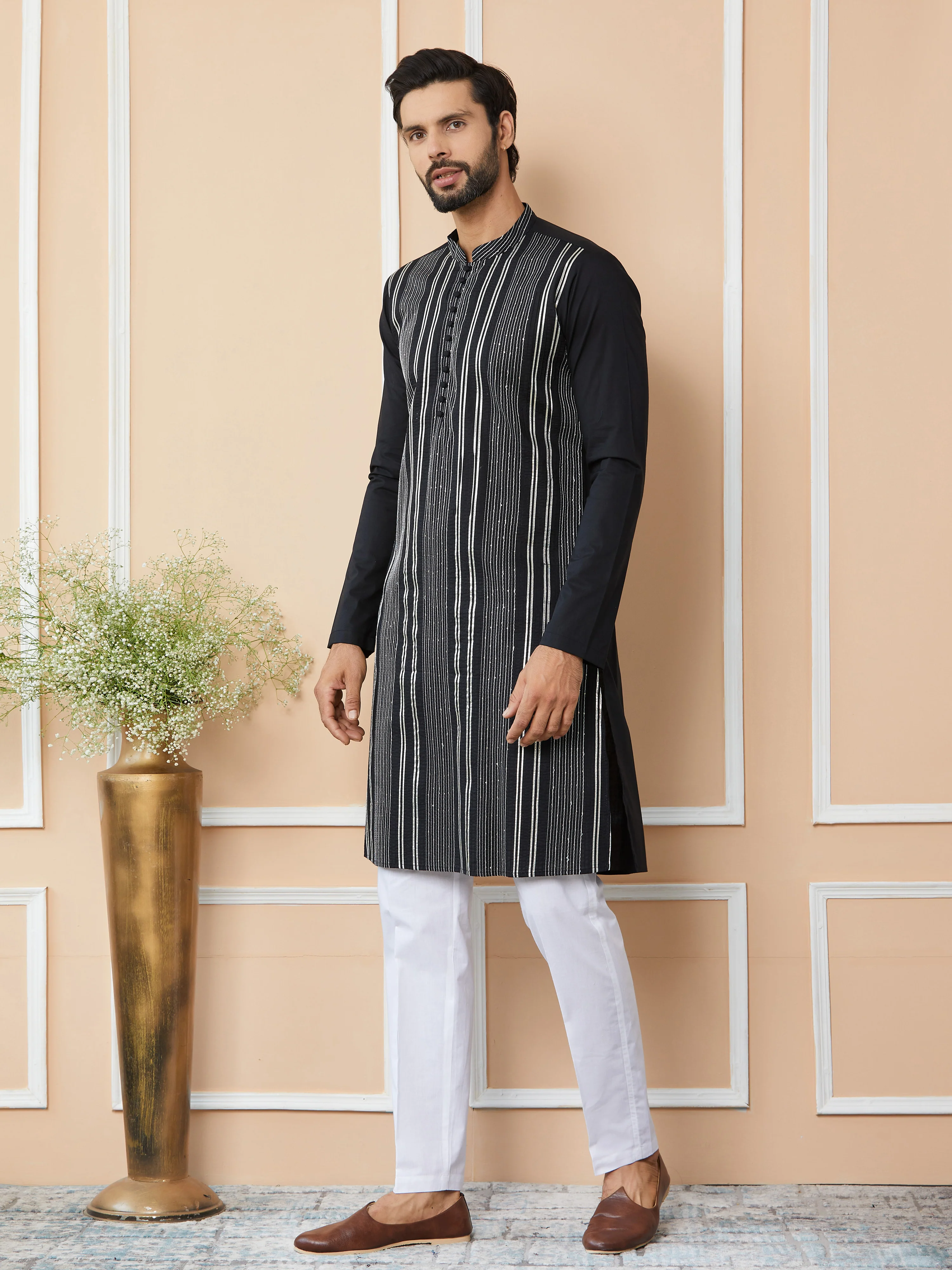 Men Black Gota Strips And Sequins Embroidered Pure Cotton Straight Kurta - Image 6