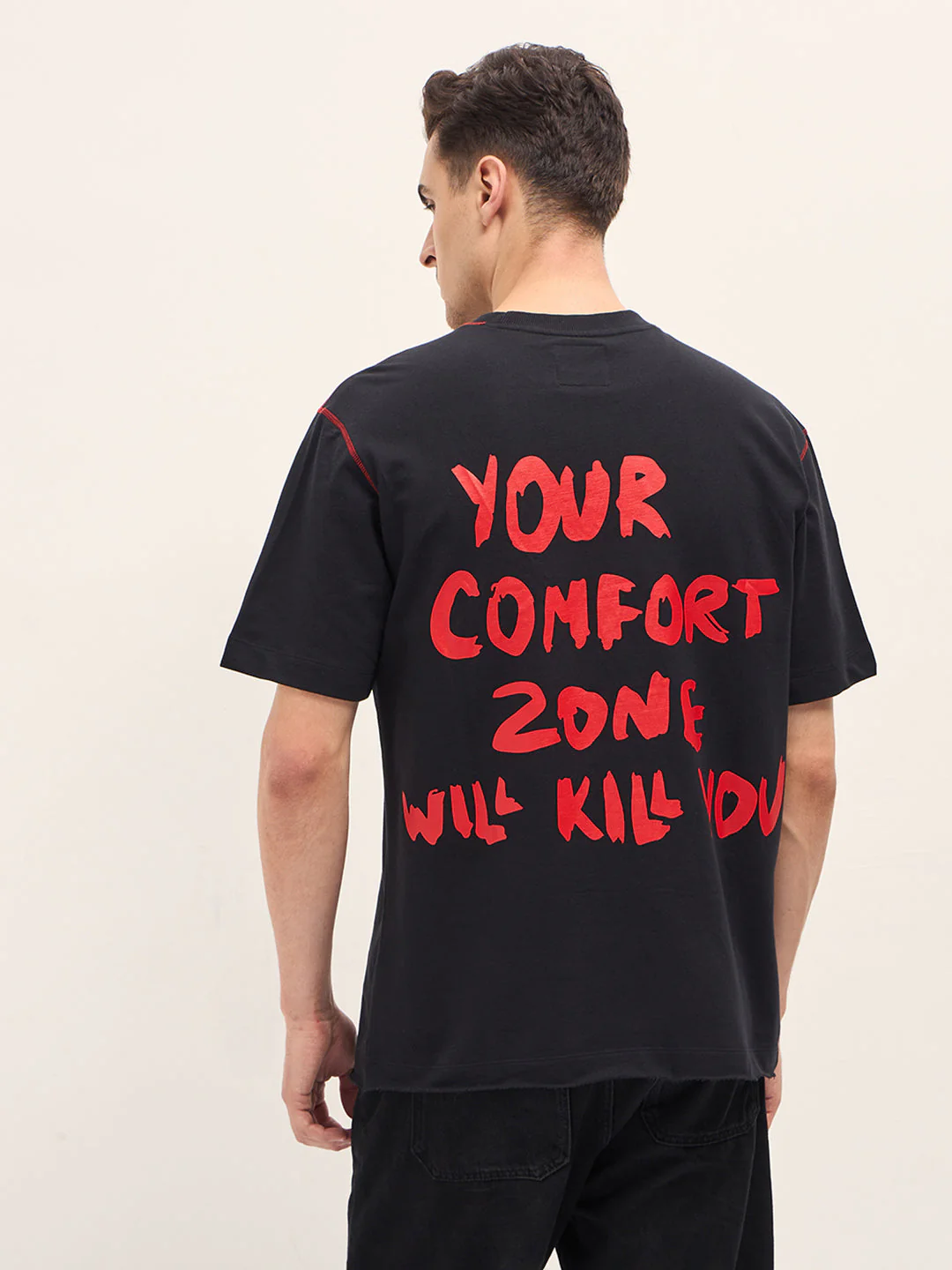 Men Black Graphic T-shirt Features a Bold Statement Back Design - Image 2