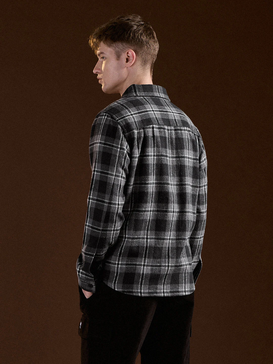 Men Black & Grey Flannel Checked Regular Fit Overshirt - Image 2