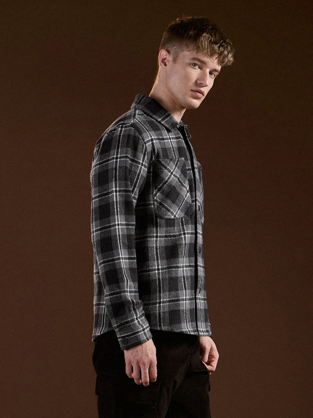 Men Black & Grey Flannel Checked Regular Fit Overshirt - Image 3