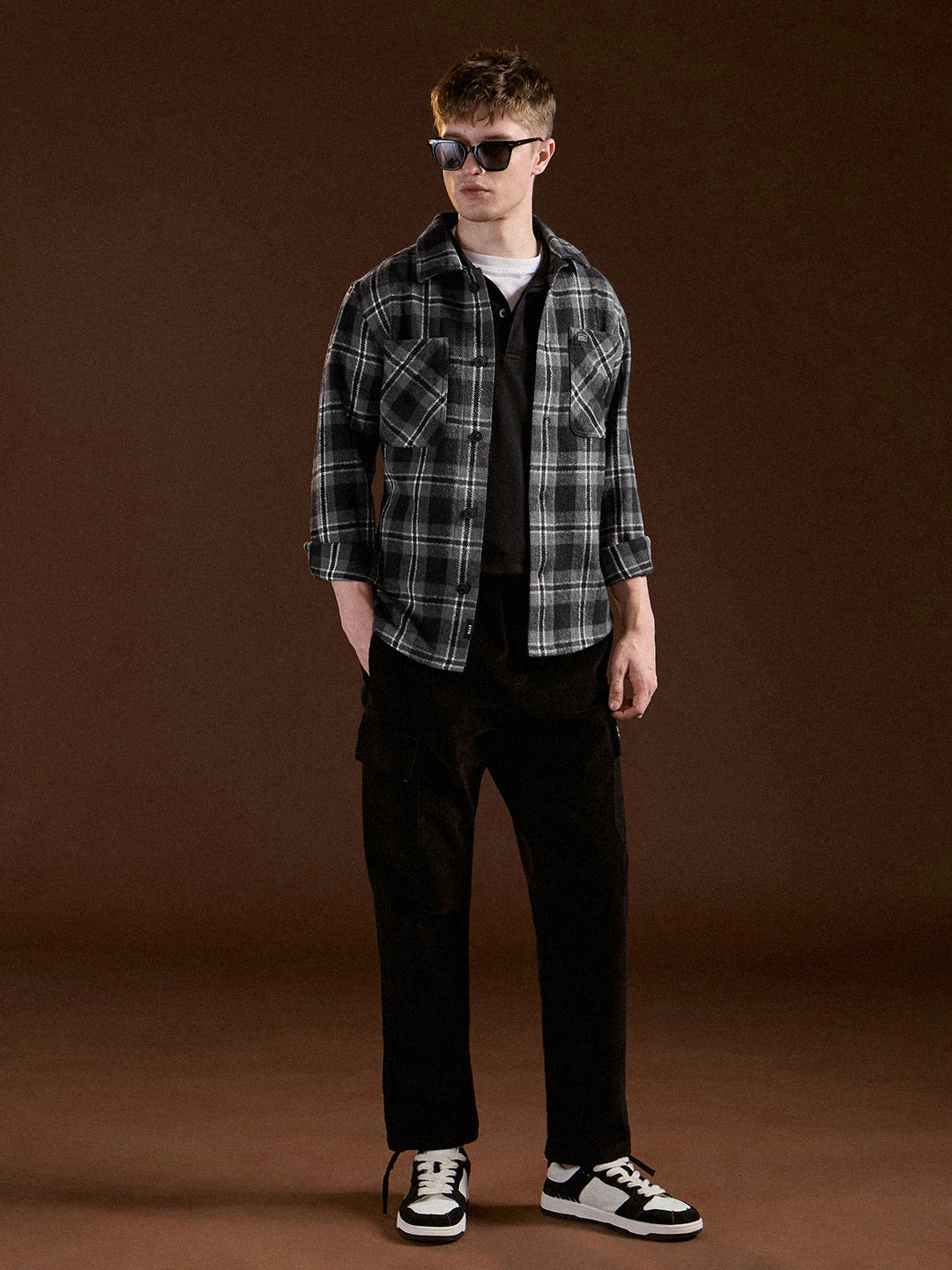 Men Black & Grey Flannel Checked Regular Fit Overshirt - Image 4