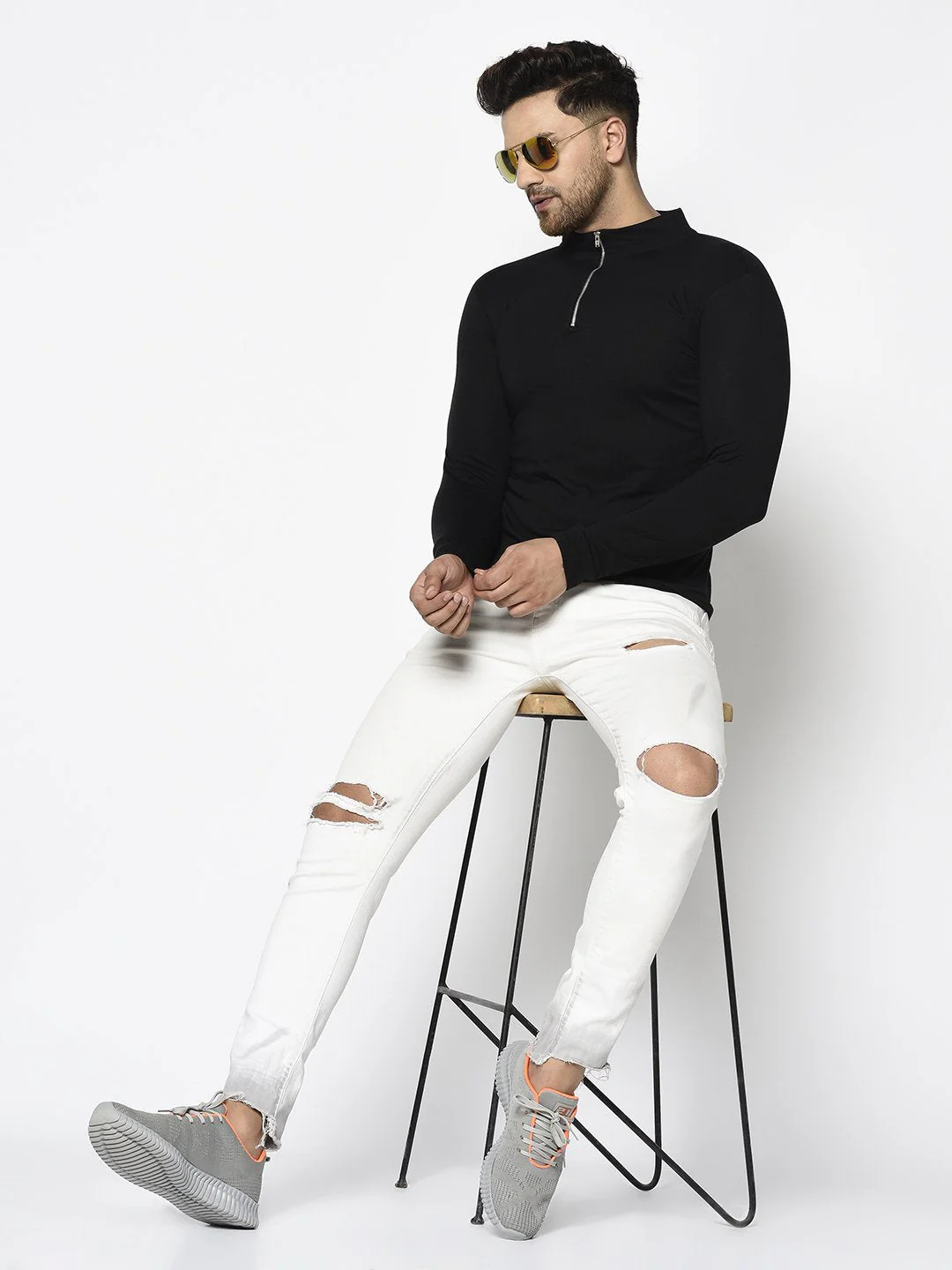 Men Black High Neck With Zip Cotton Fabric Full Sleeve T-Shirt - Image 2