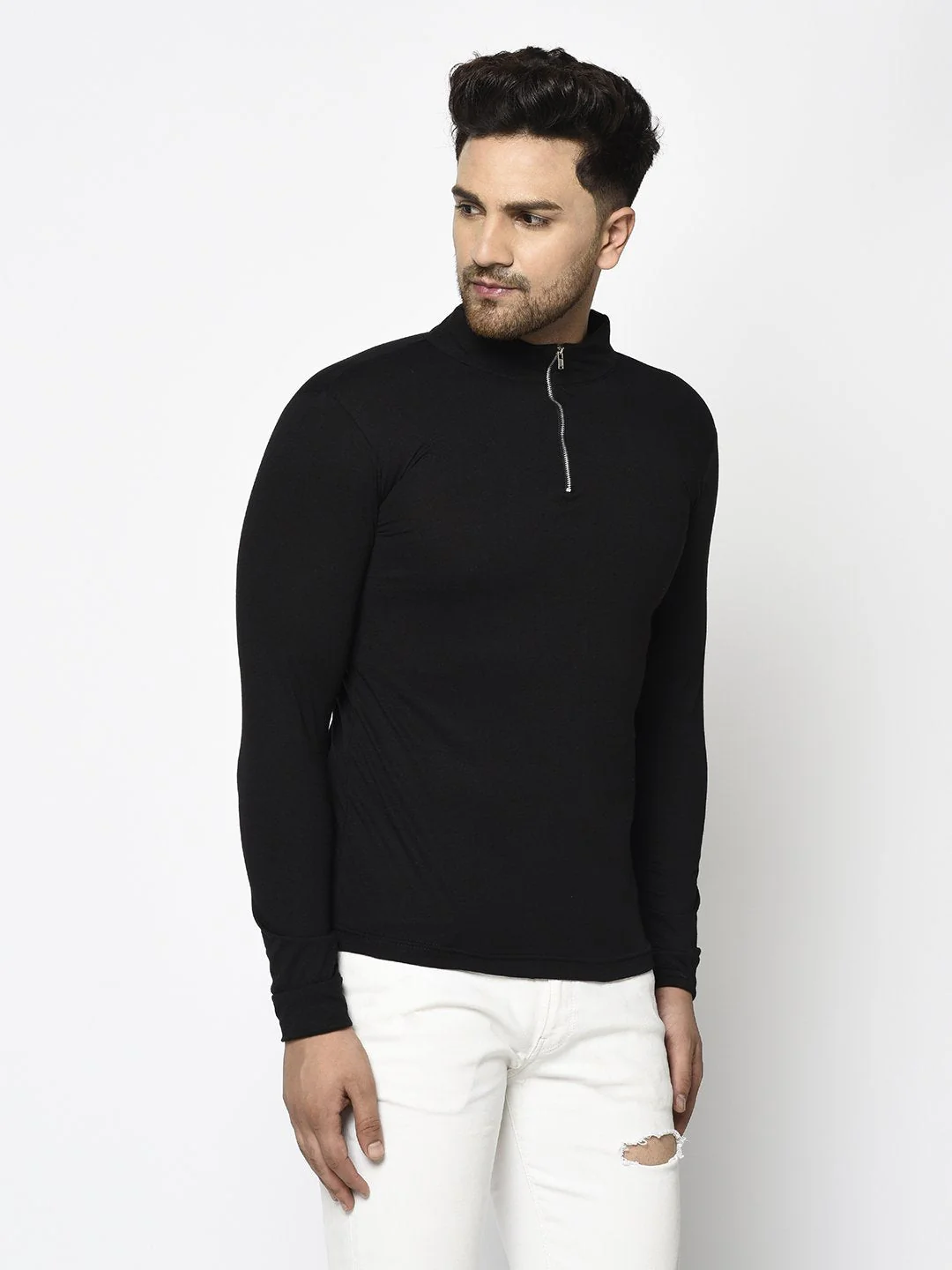 Men Black High Neck With Zip Cotton Fabric Full Sleeve T-Shirt - Image 3