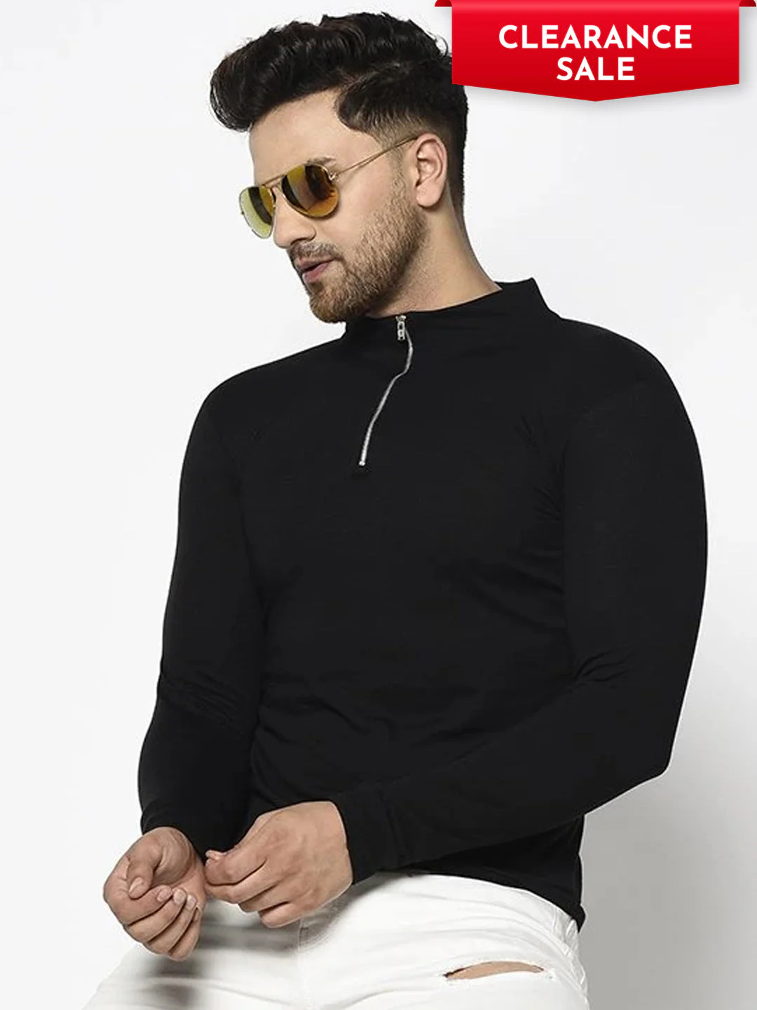 Men Black High Neck With Zip Cotton Fabric Full Sleeve T-Shirt - Image 4