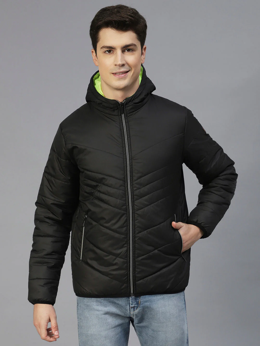 Men Black Hooded Full Sleeves Puffer Jacket - Image 2