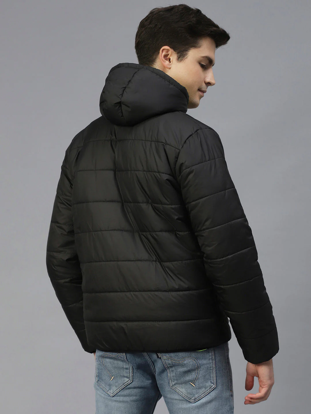 Men Black Hooded Full Sleeves Puffer Jacket - Image 3