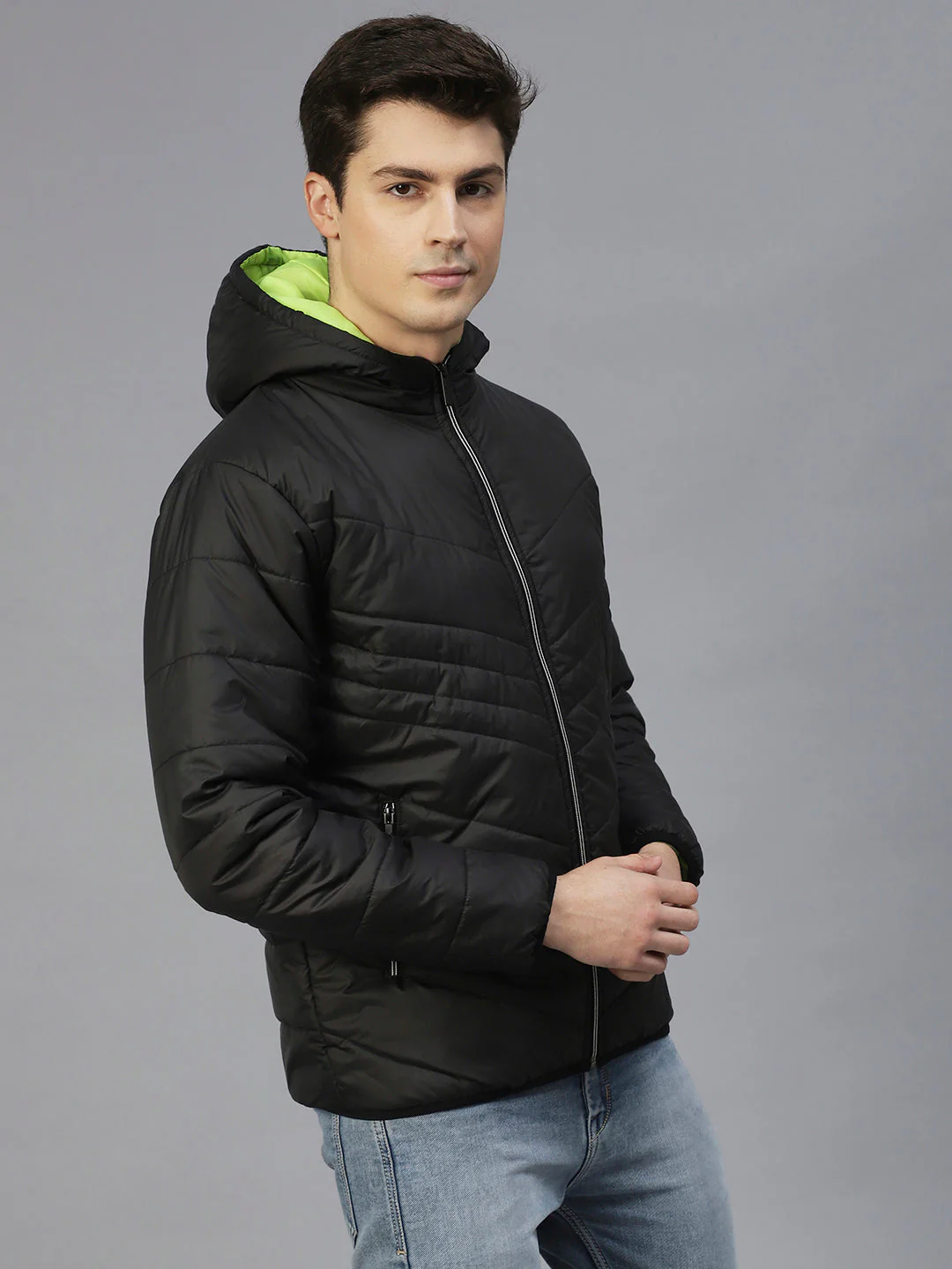 Men Black Hooded Full Sleeves Puffer Jacket - Image 3