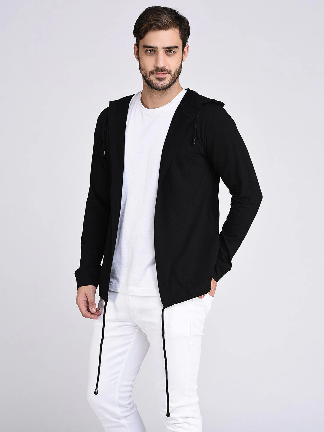 Men Black Hooded With Bottom Detailing Cardigan - Image 2