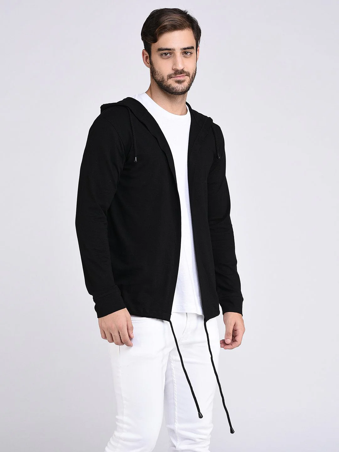 Men Black Hooded With Bottom Detailing Cardigan - Image 3