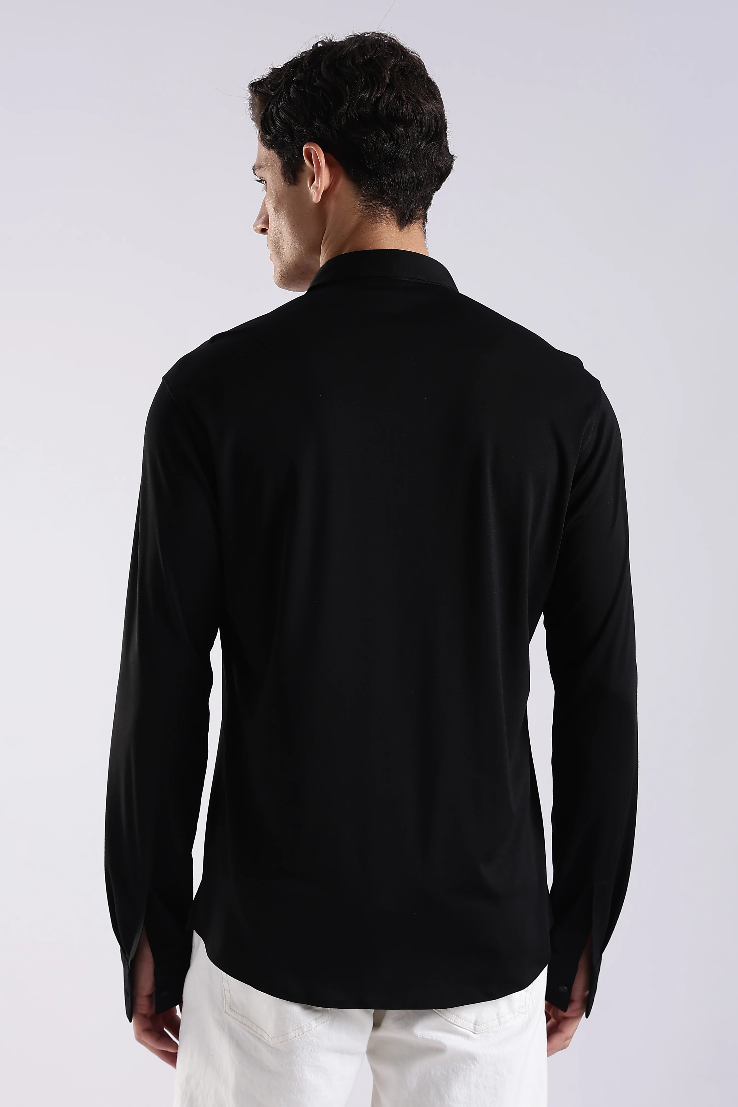 Men Black Knitted Slim Fit Shirt - Image 2