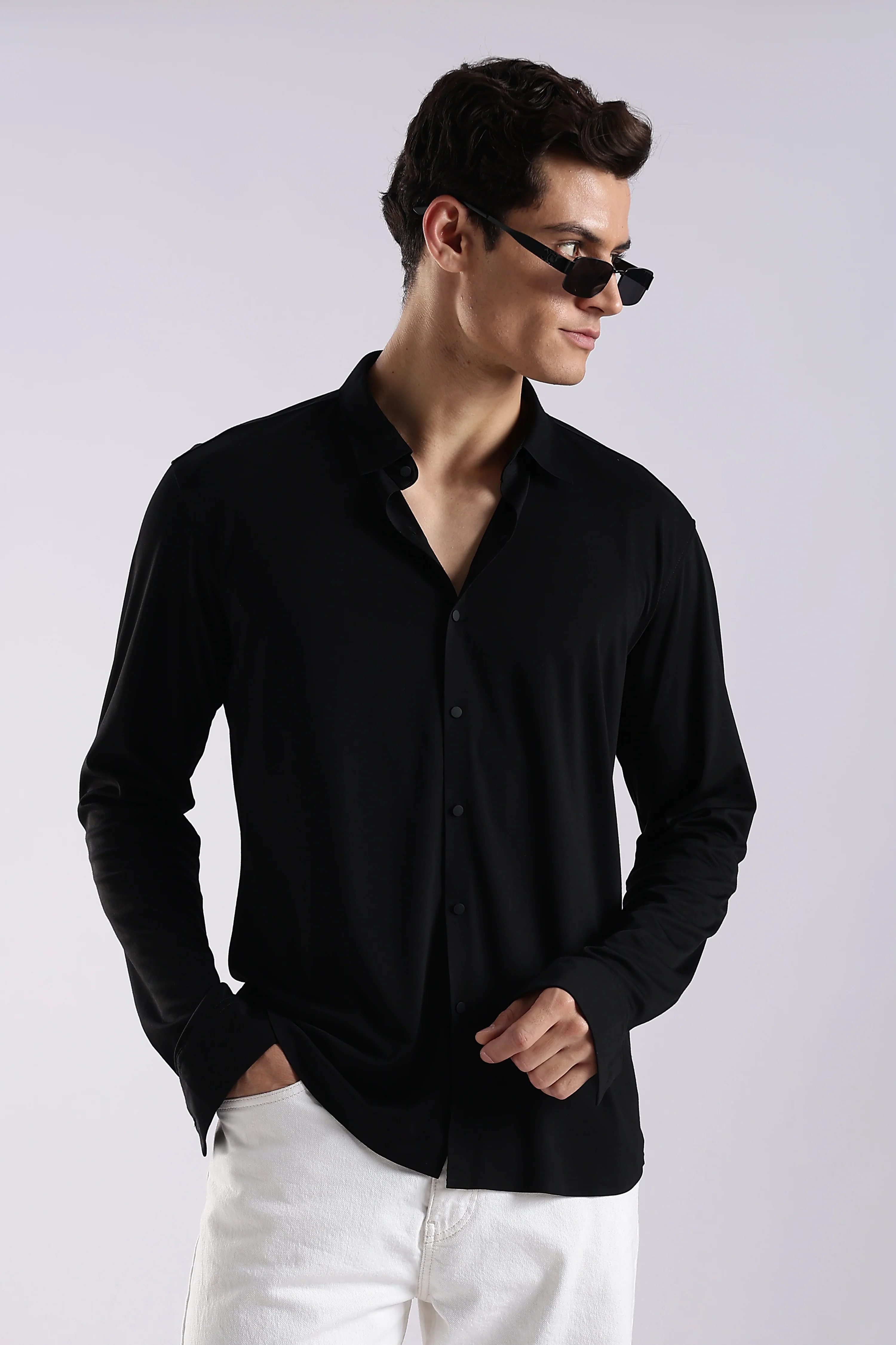 Men Black Knitted Slim Fit Shirt - Image 3