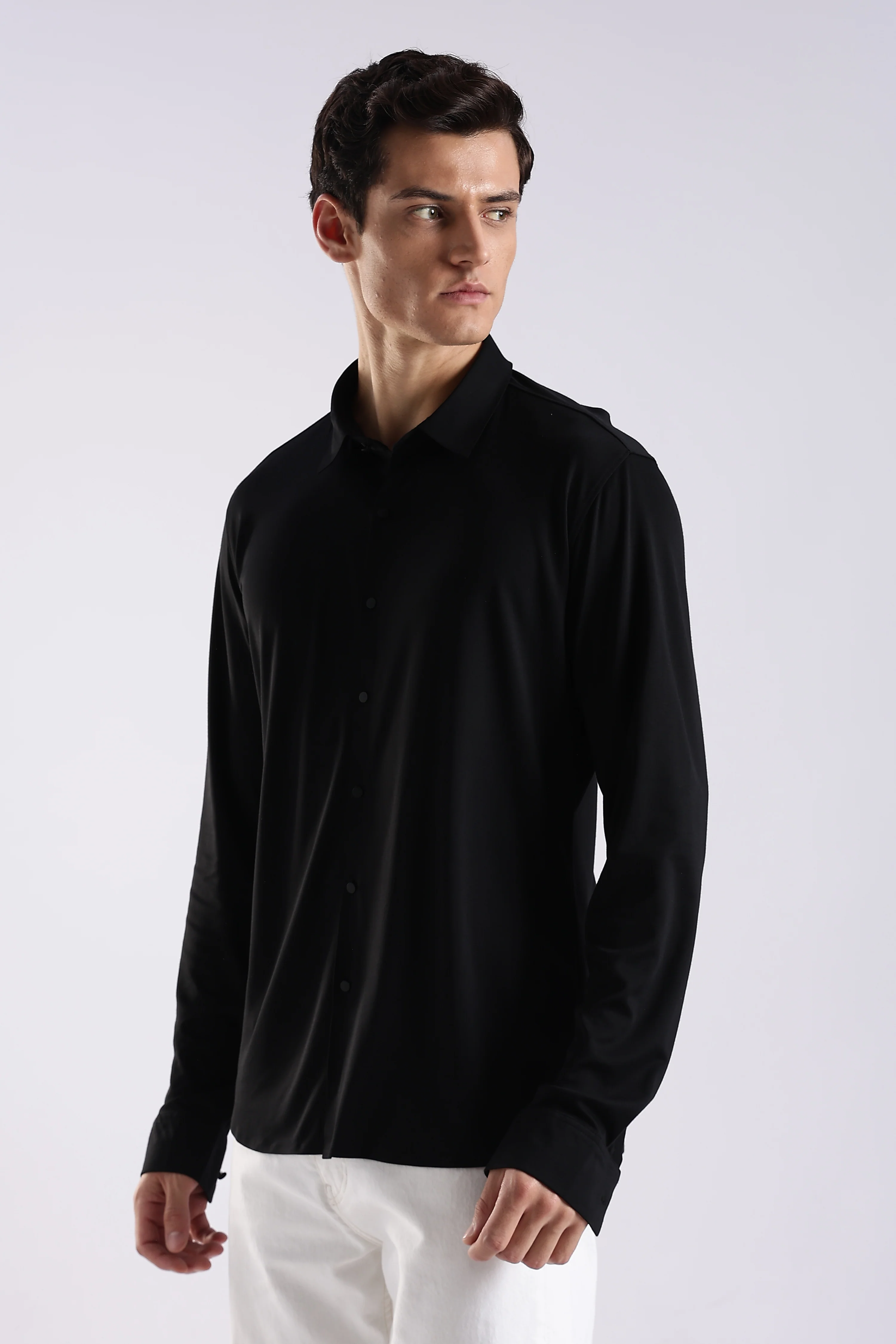 Men Black Knitted Slim Fit Shirt - Image 4