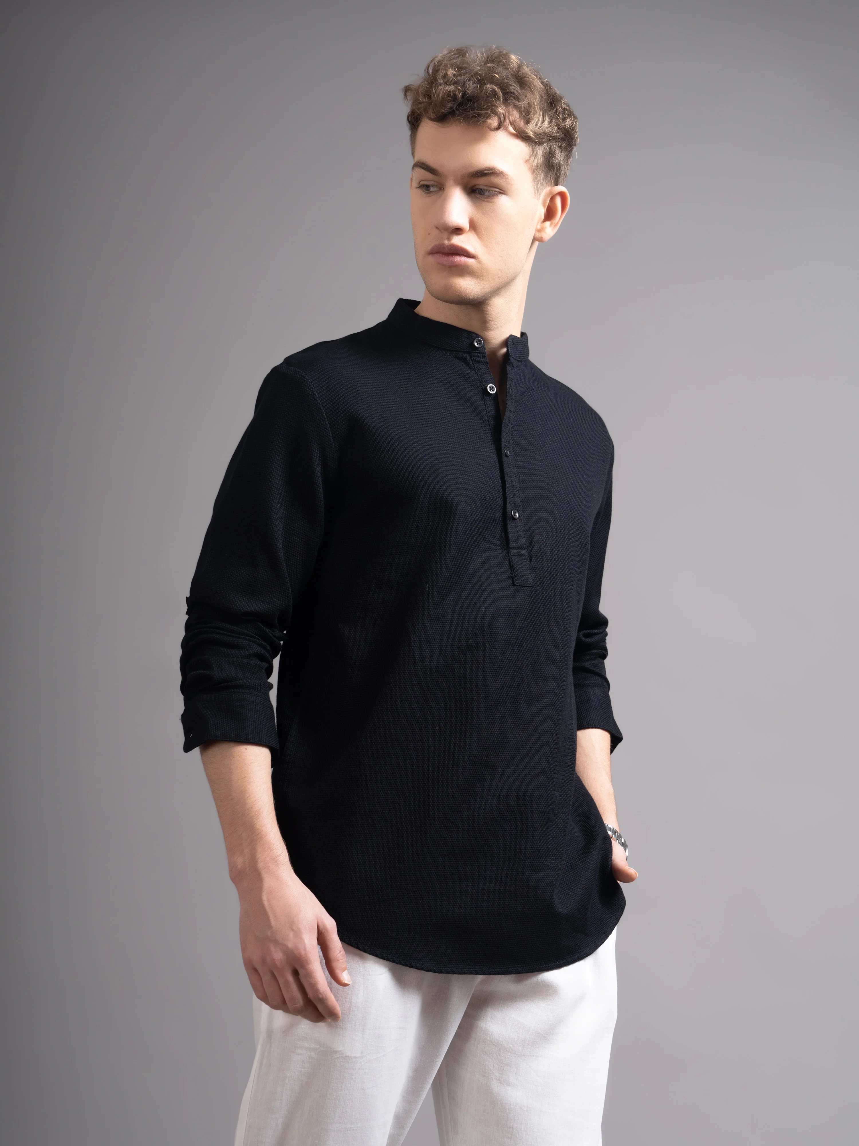 Men Black Kurta Shirt - Image 3