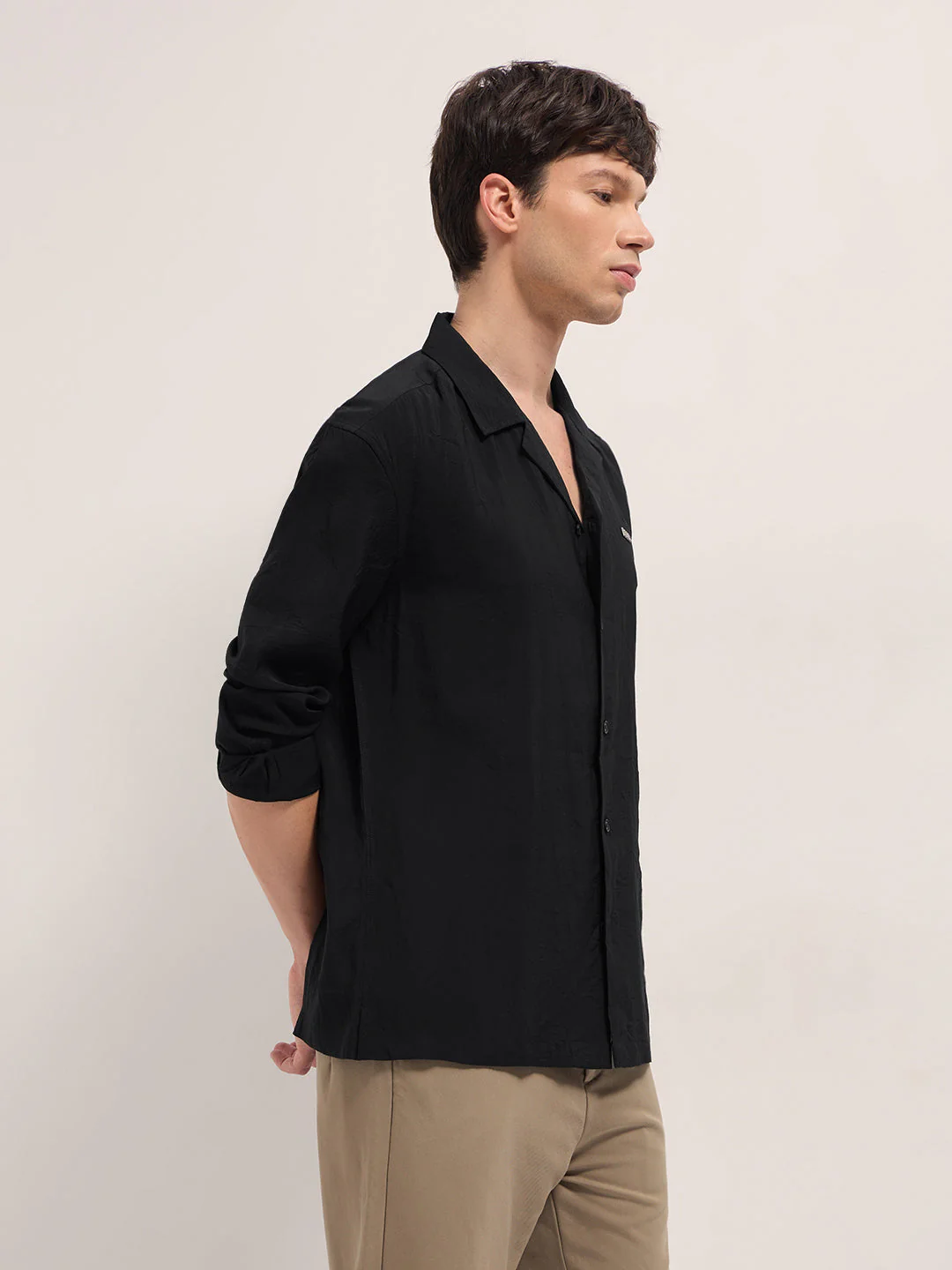 Men Black Lenzing Modal Solid Oversize Fit Casual Shirt - Image 3