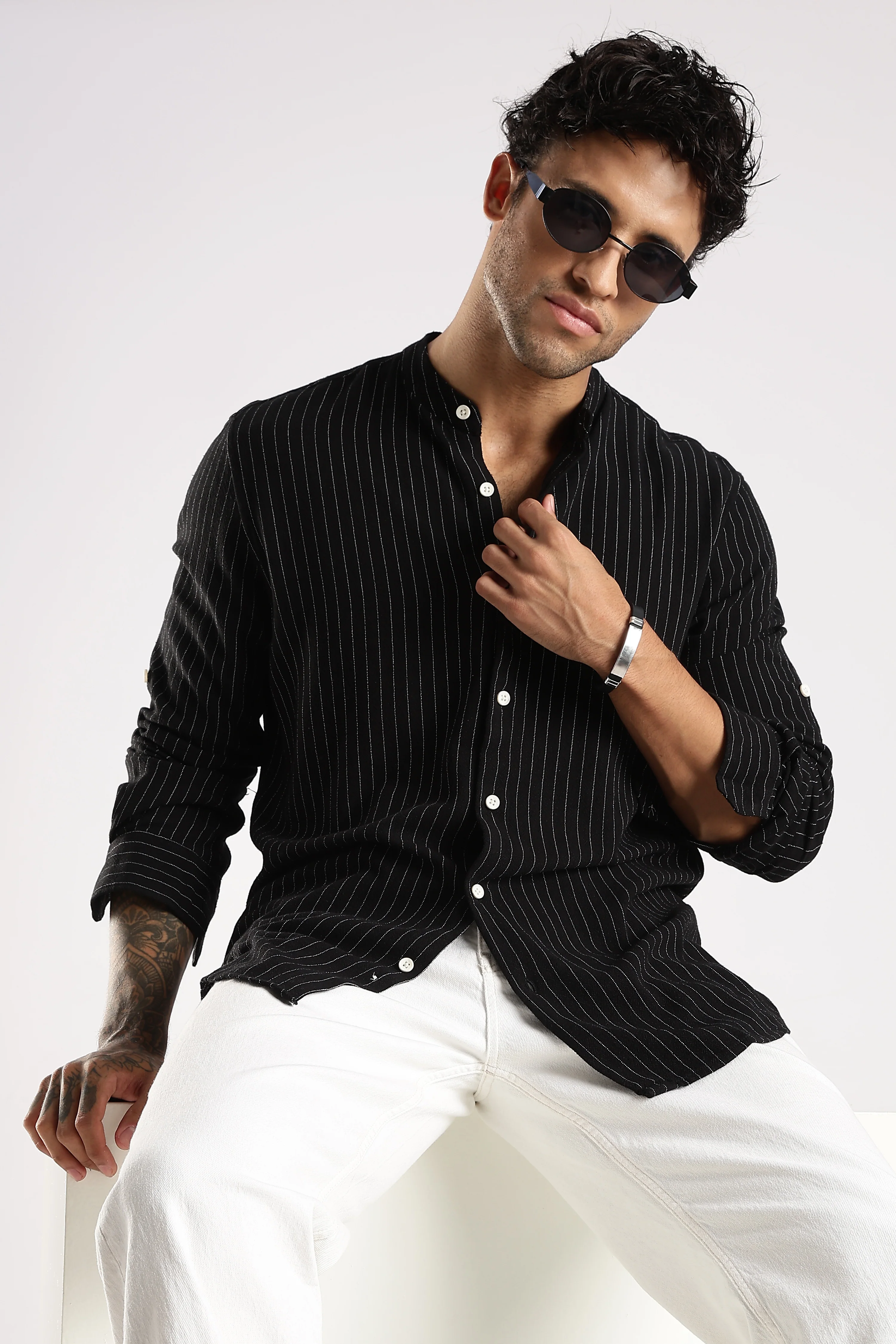 Men Black Linen Blend Striped Shirt - Image 10