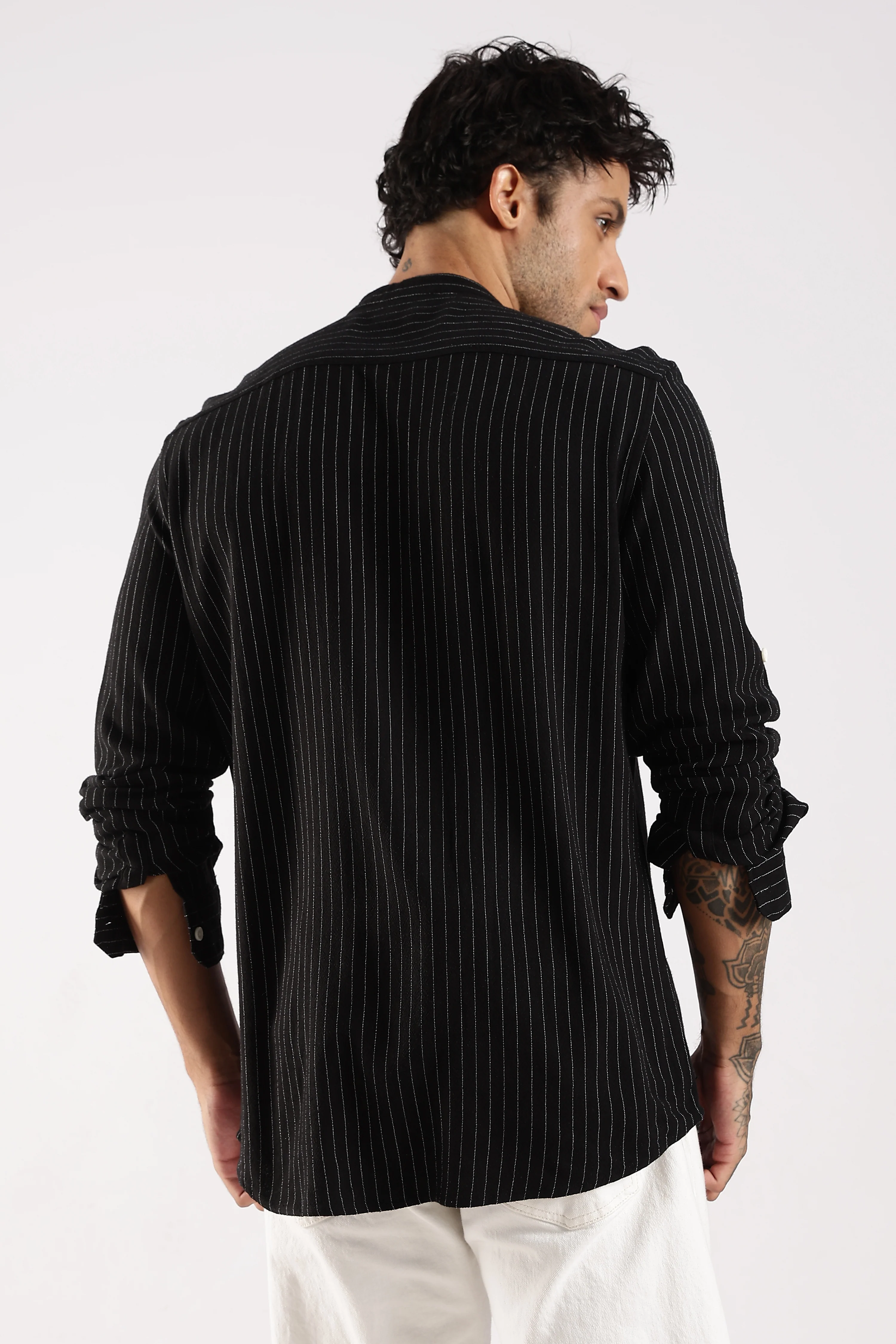 Men Black Linen Blend Striped Shirt - Image 2