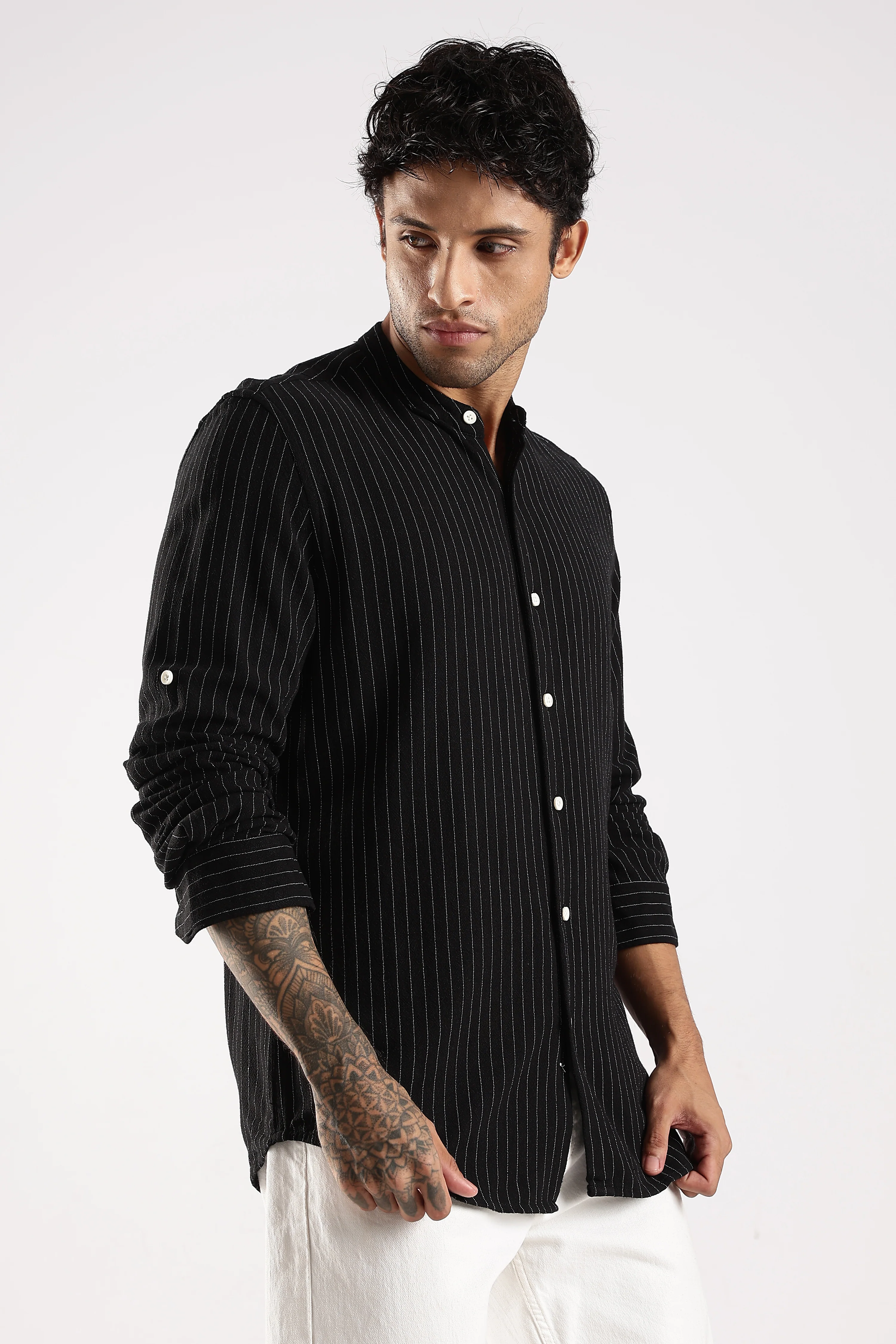 Men Black Linen Blend Striped Shirt - Image 3