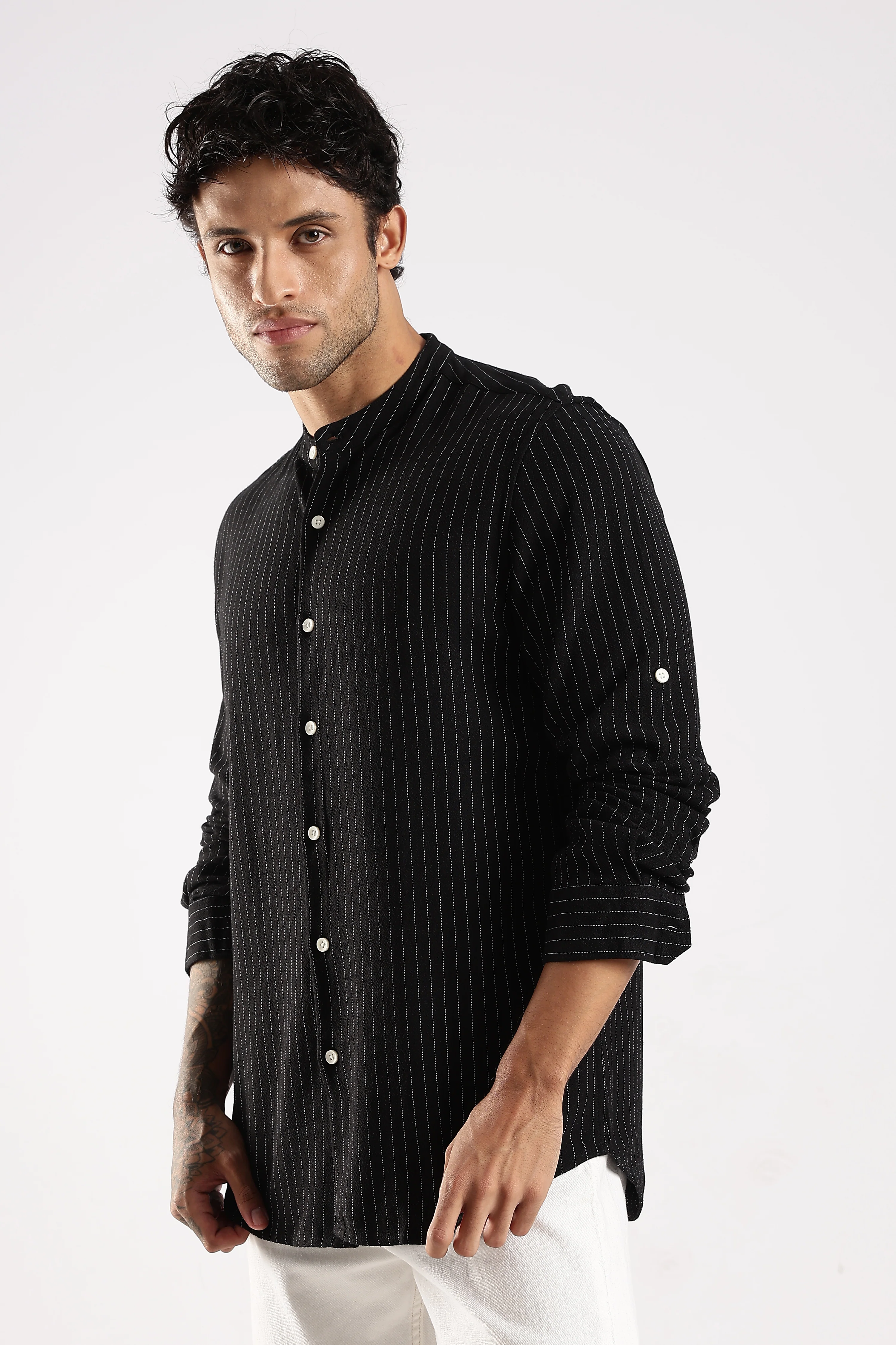 Men Black Linen Blend Striped Shirt - Image 4
