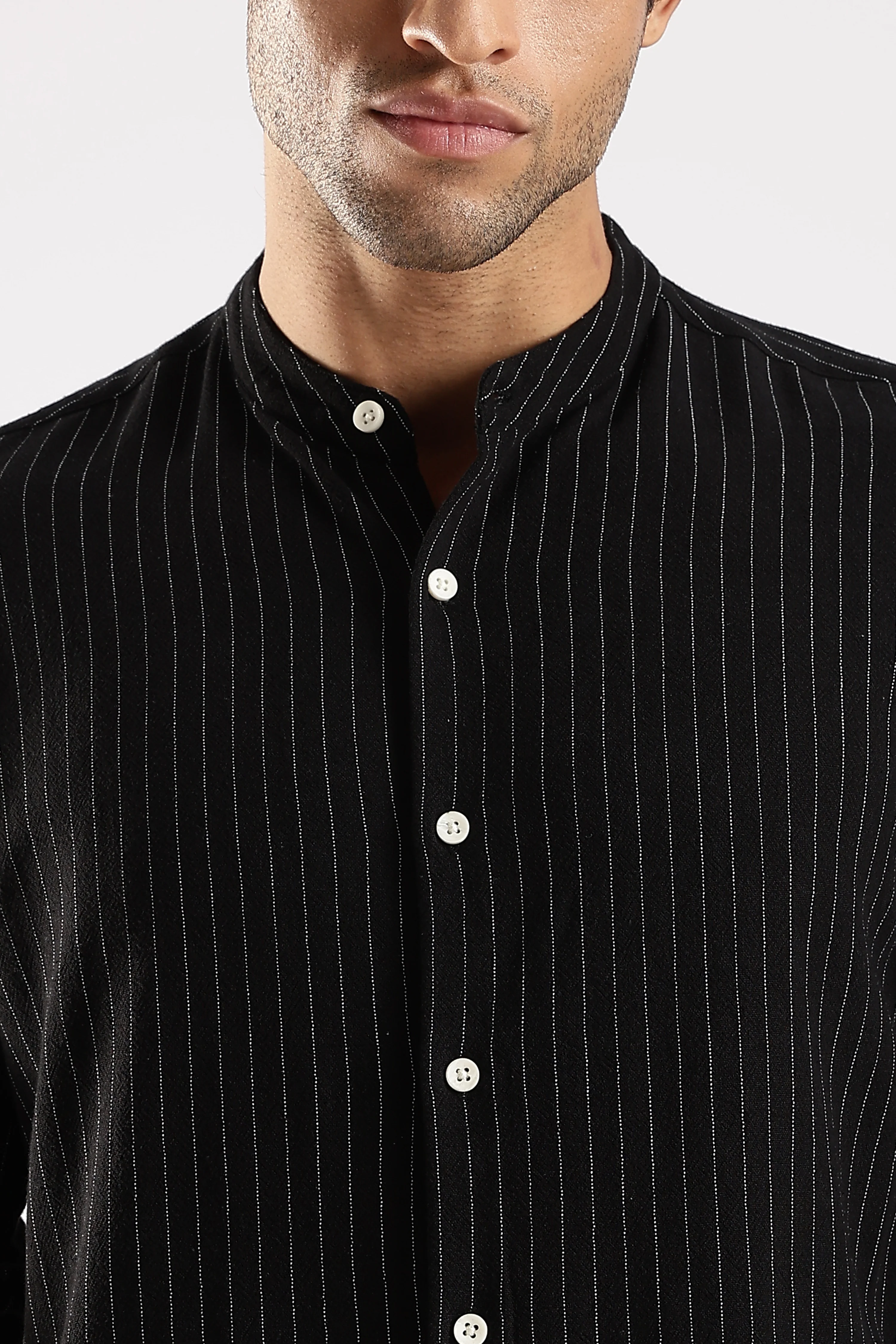 Men Black Linen Blend Striped Shirt - Image 5