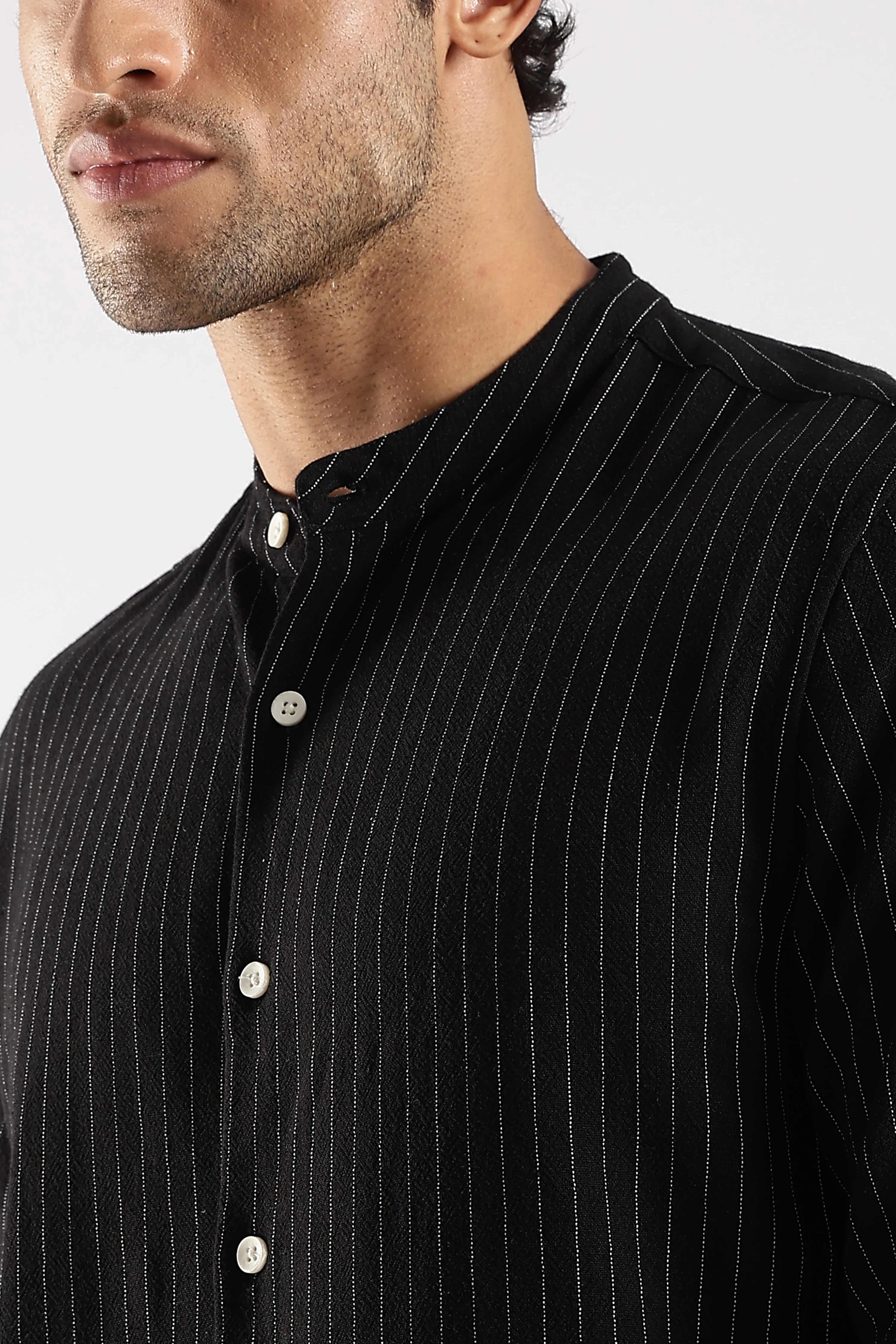 Men Black Linen Blend Striped Shirt - Image 6