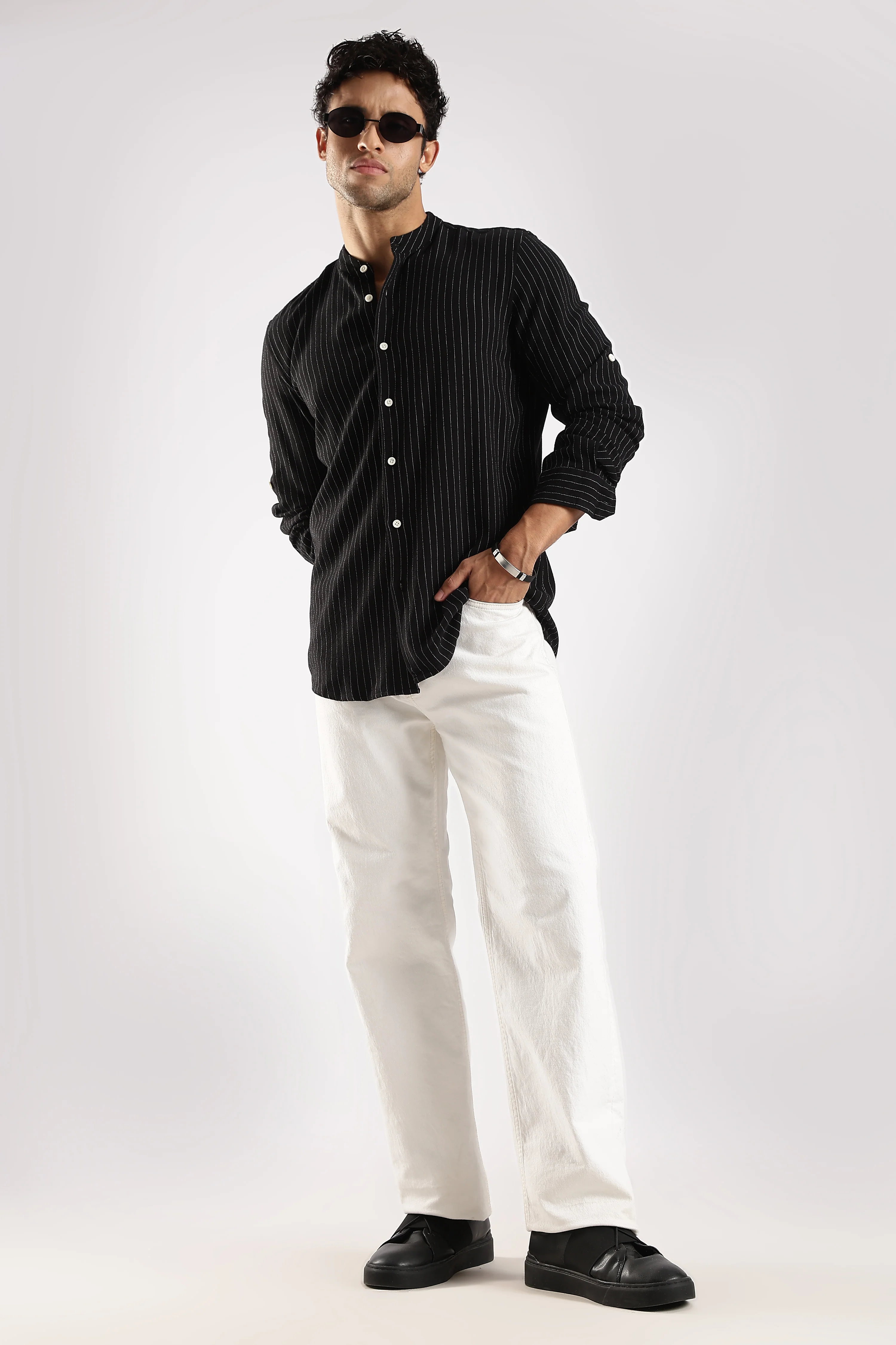 Men Black Linen Blend Striped Shirt - Image 8