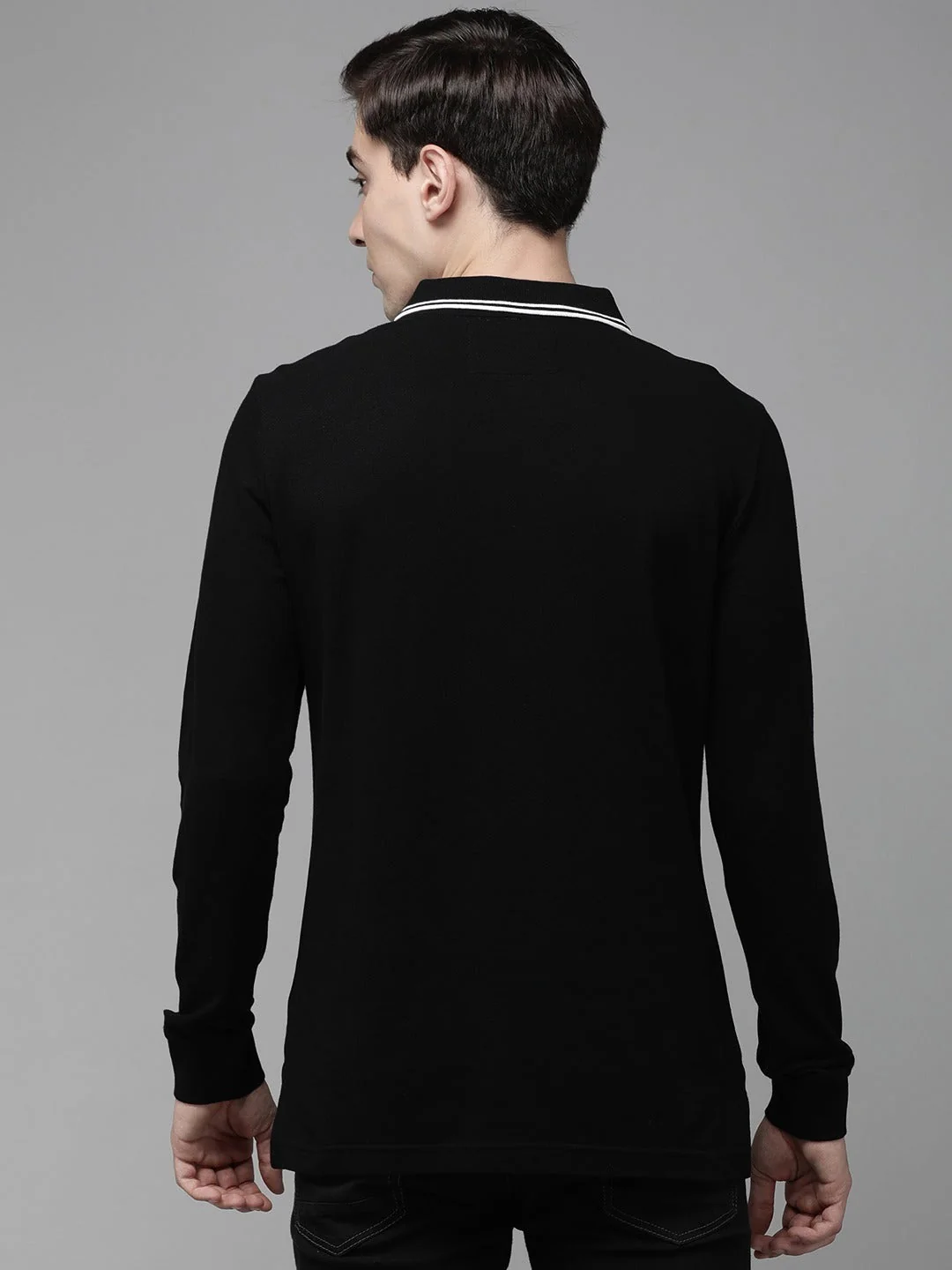 Men  Black Long Sleeves Polo - Image 2