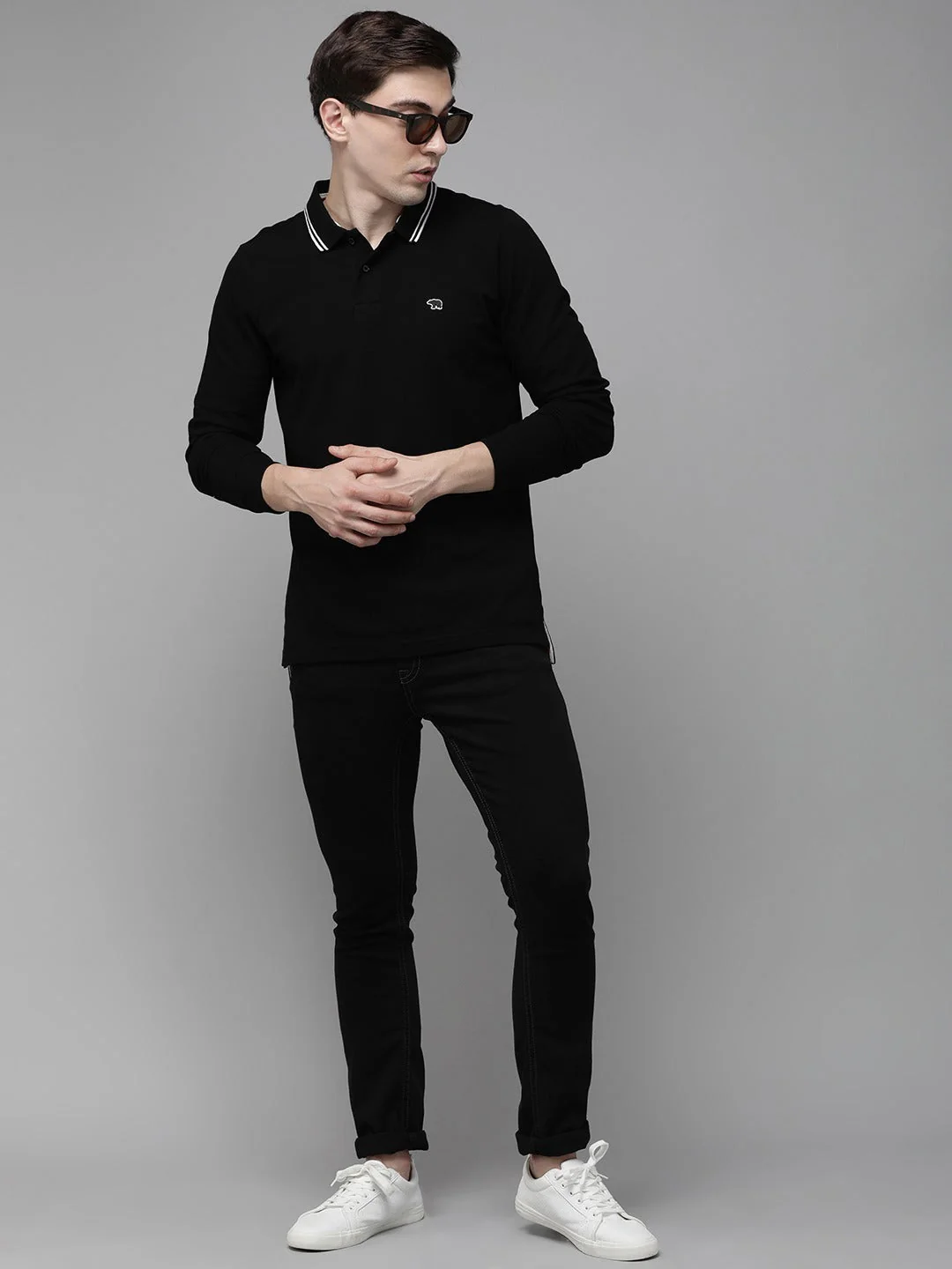 Men  Black Long Sleeves Polo - Image 4