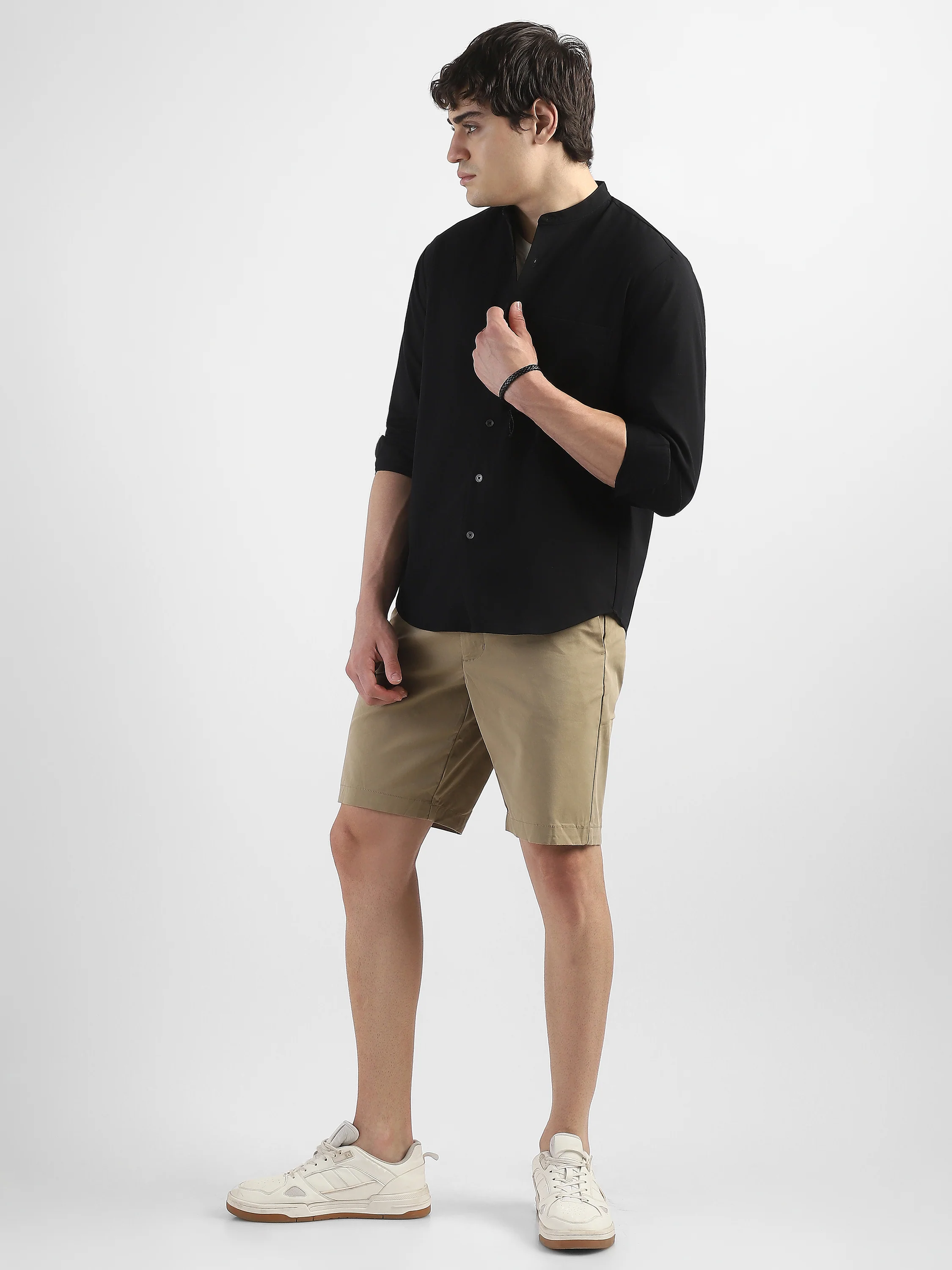 Men Black Mandarin Collar Regular Fit Shirt - Image 3