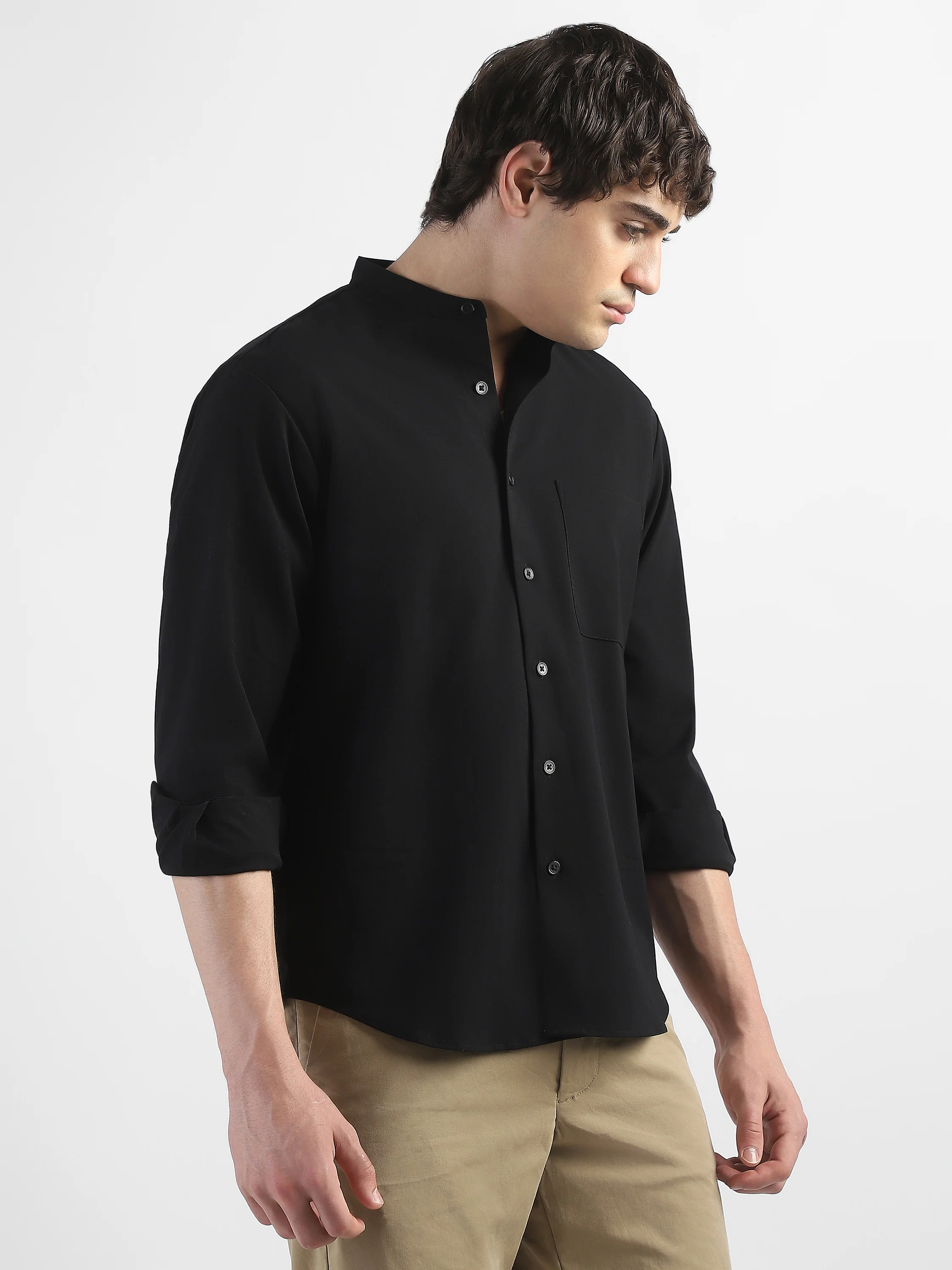 Men Black Mandarin Collar Regular Fit Shirt - Image 5