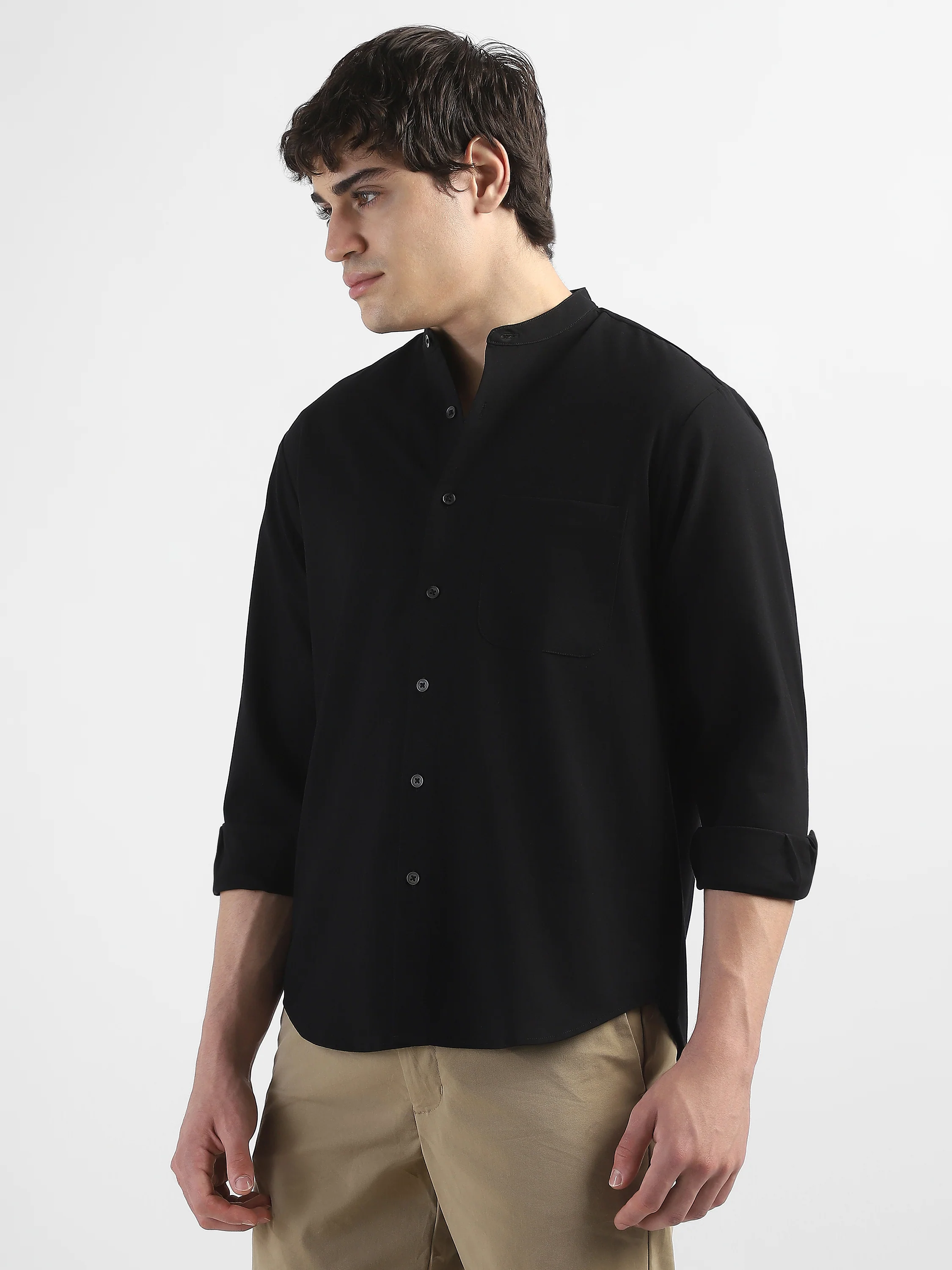Men Black Mandarin Collar Regular Fit Shirt - Image 6