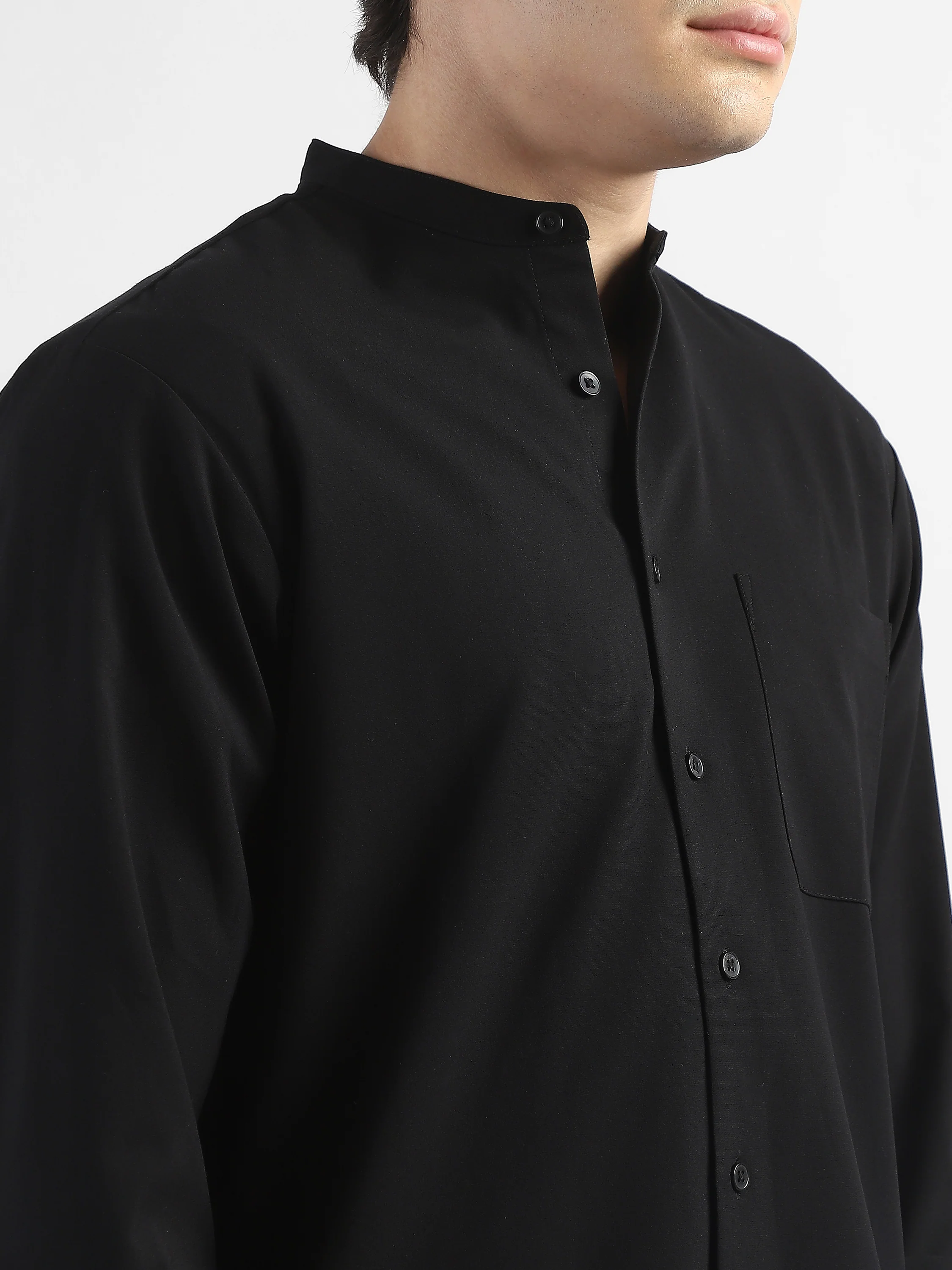 Men Black Mandarin Collar Regular Fit Shirt - Image 7