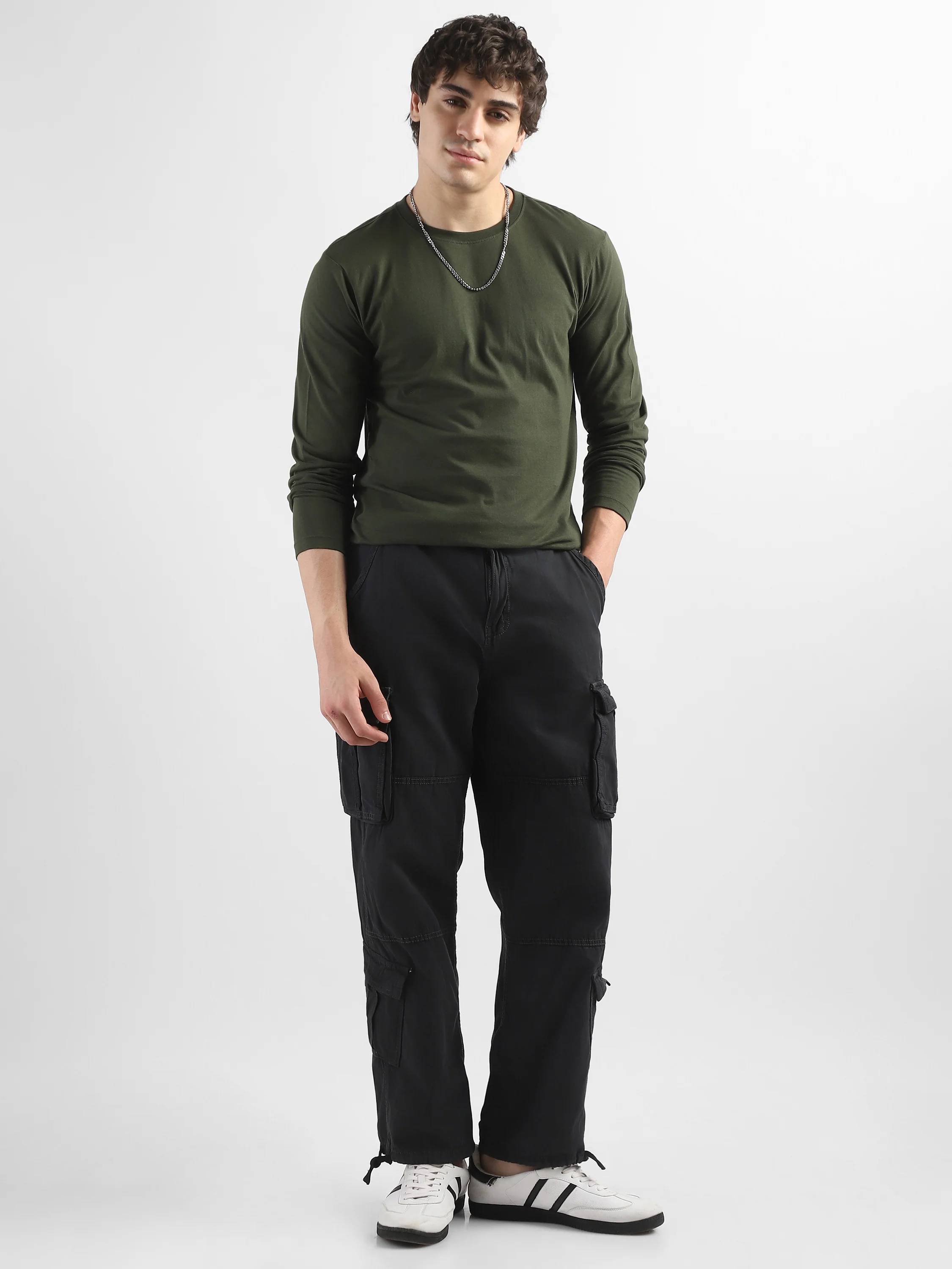 Men Black Cotton Blend Cargo Pants with 8 Pockets - Image 2