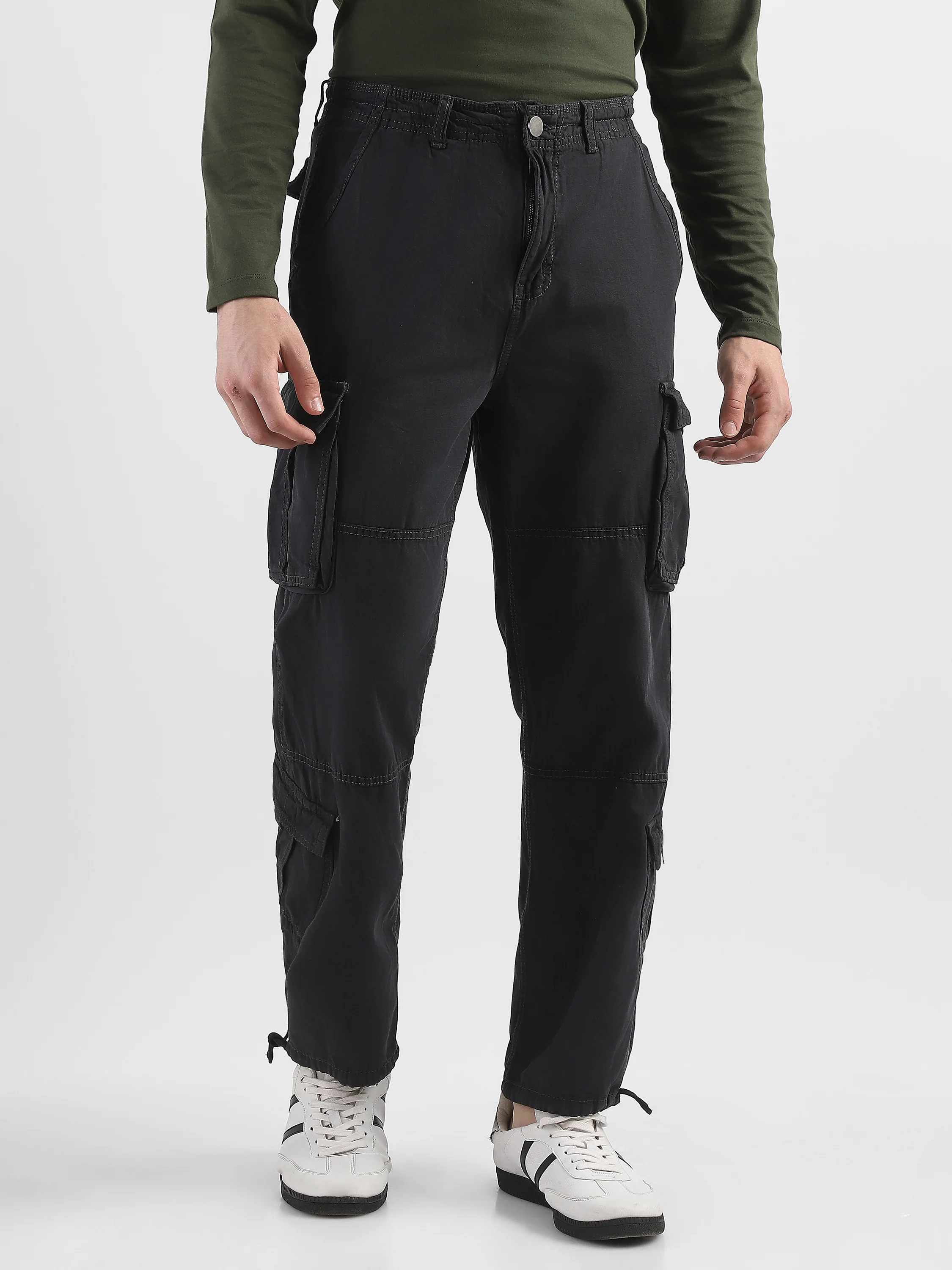 Men Black Cotton Blend Cargo Pants with 8 Pockets - Image 3