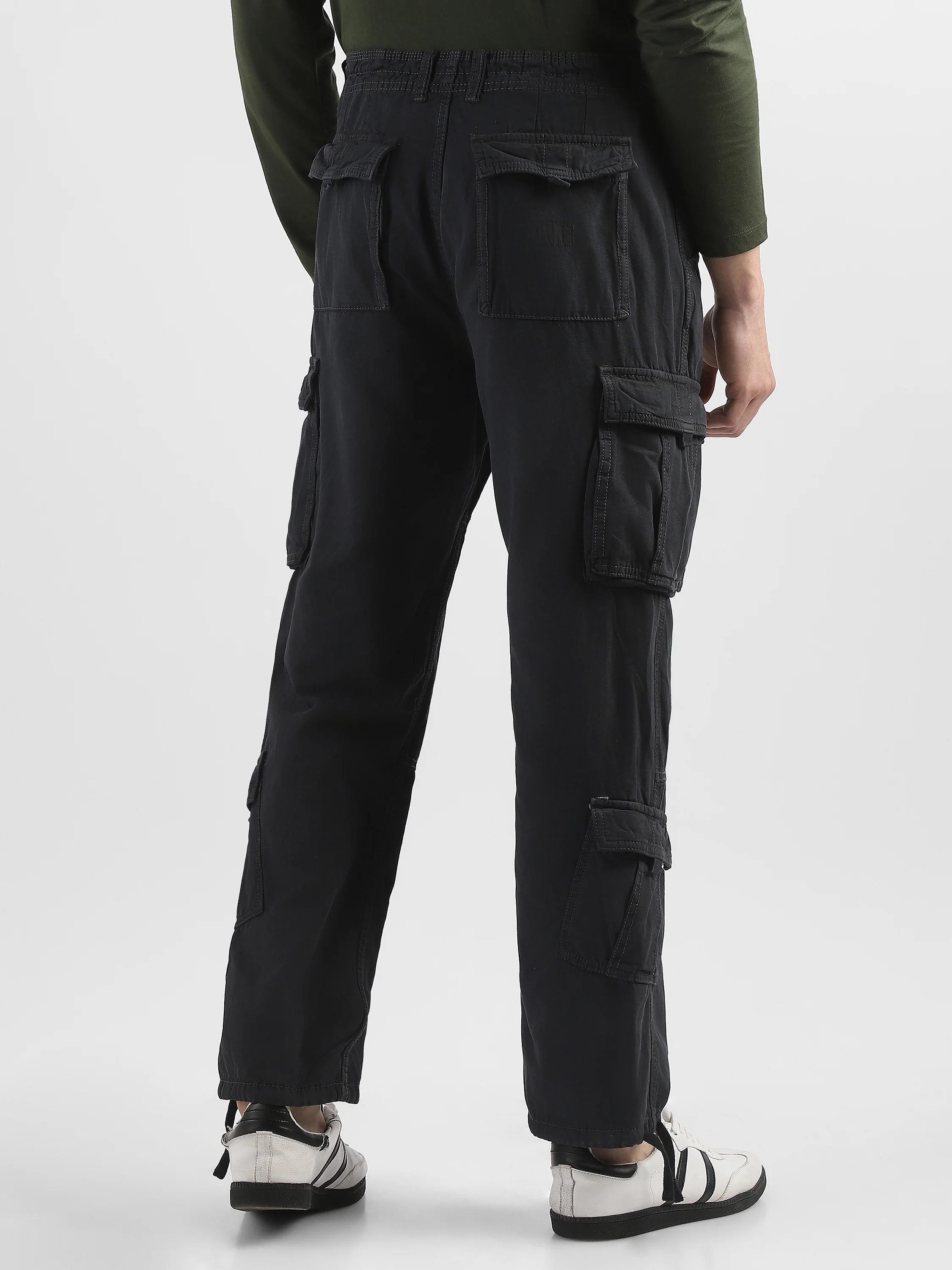 Men Black Cotton Blend Cargo Pants with 8 Pockets - Image 4