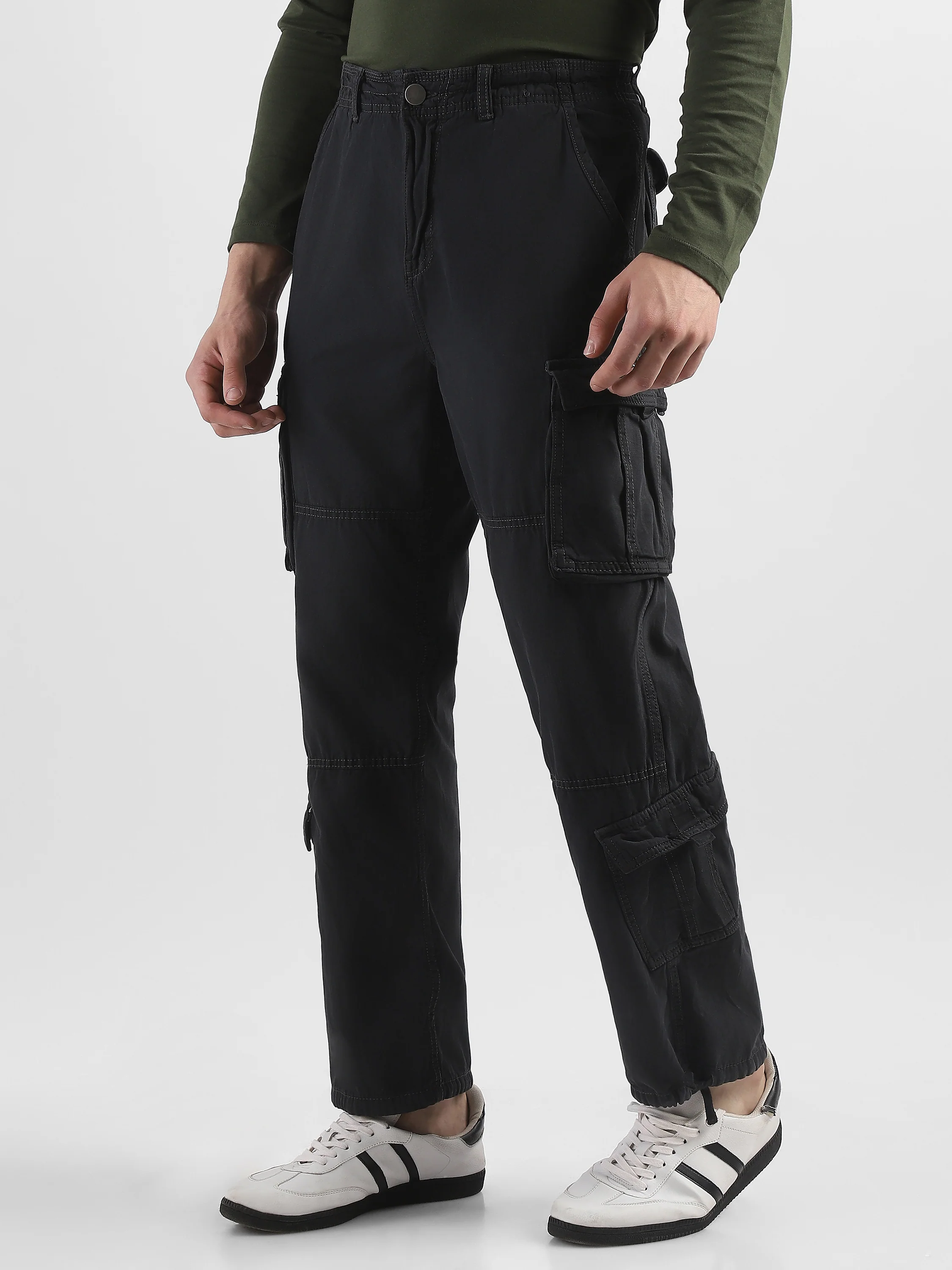 Men Black Cotton Blend Cargo Pants with 8 Pockets - Image 5