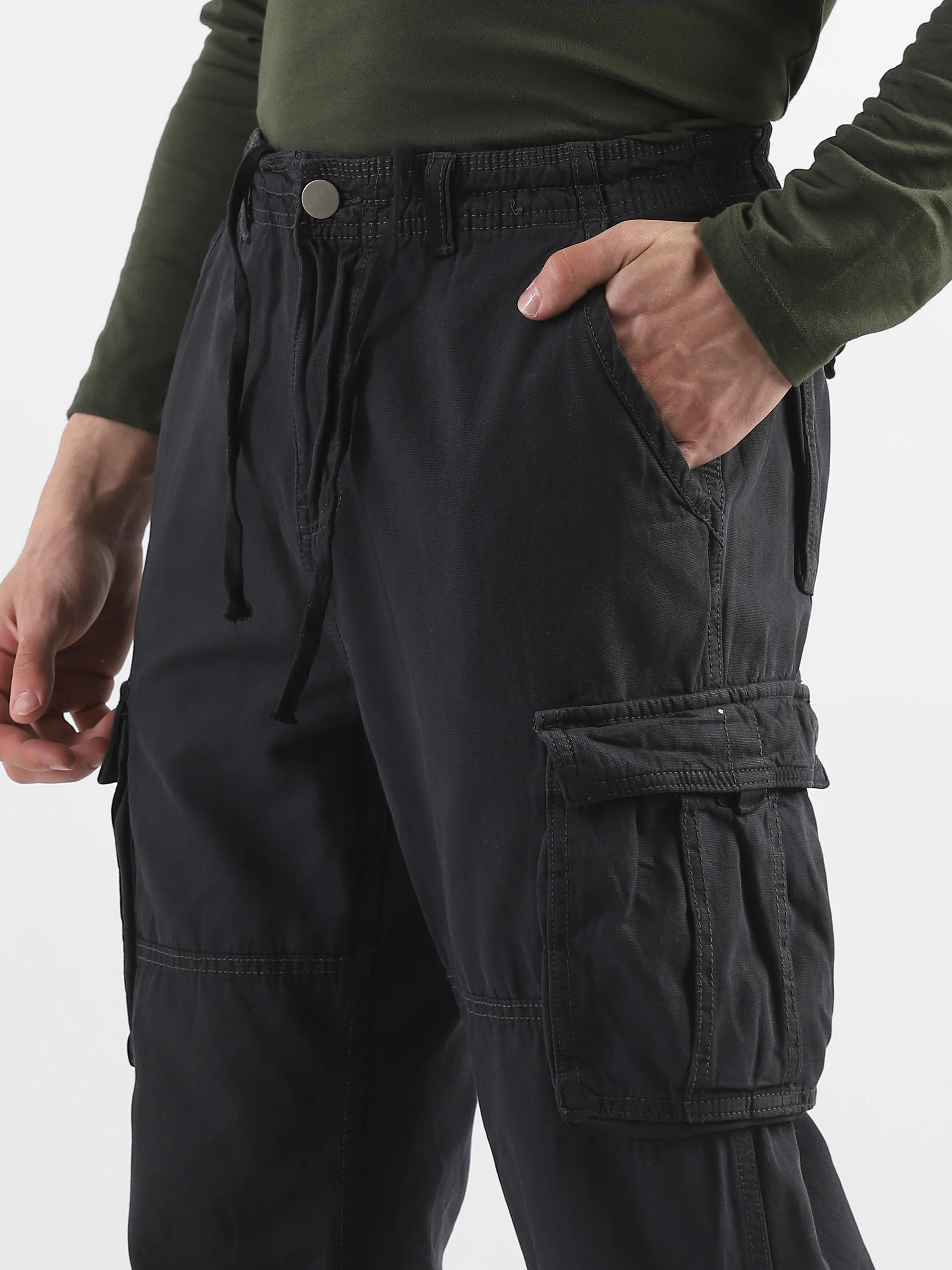 Men Black Cotton Blend Cargo Pants with 8 Pockets - Image 6